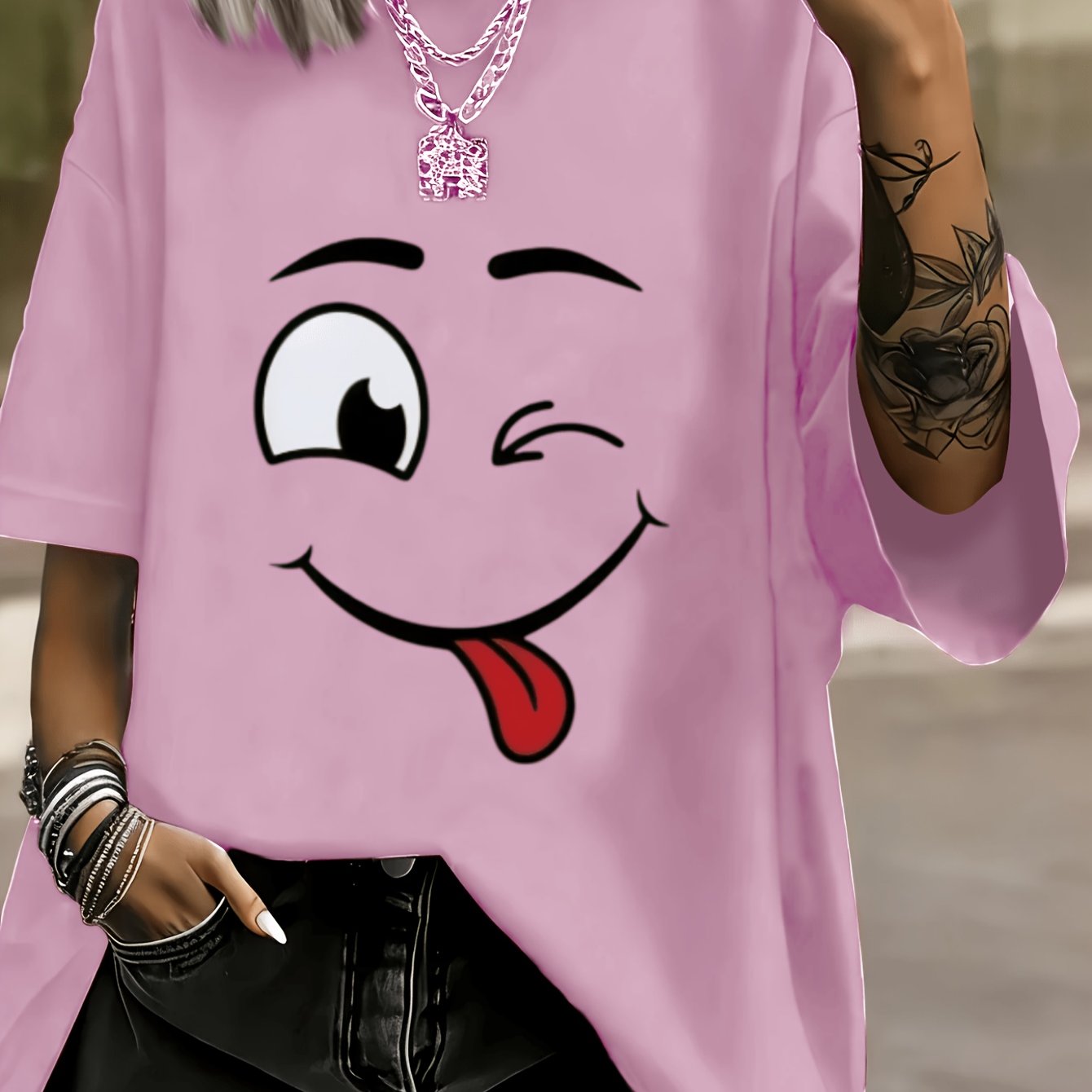 Plus Size, Wacky Face Print Plus Size Round Neck Tshirt, Women's Summer Top, , For Home, , Dates, Vacations, , Graduation