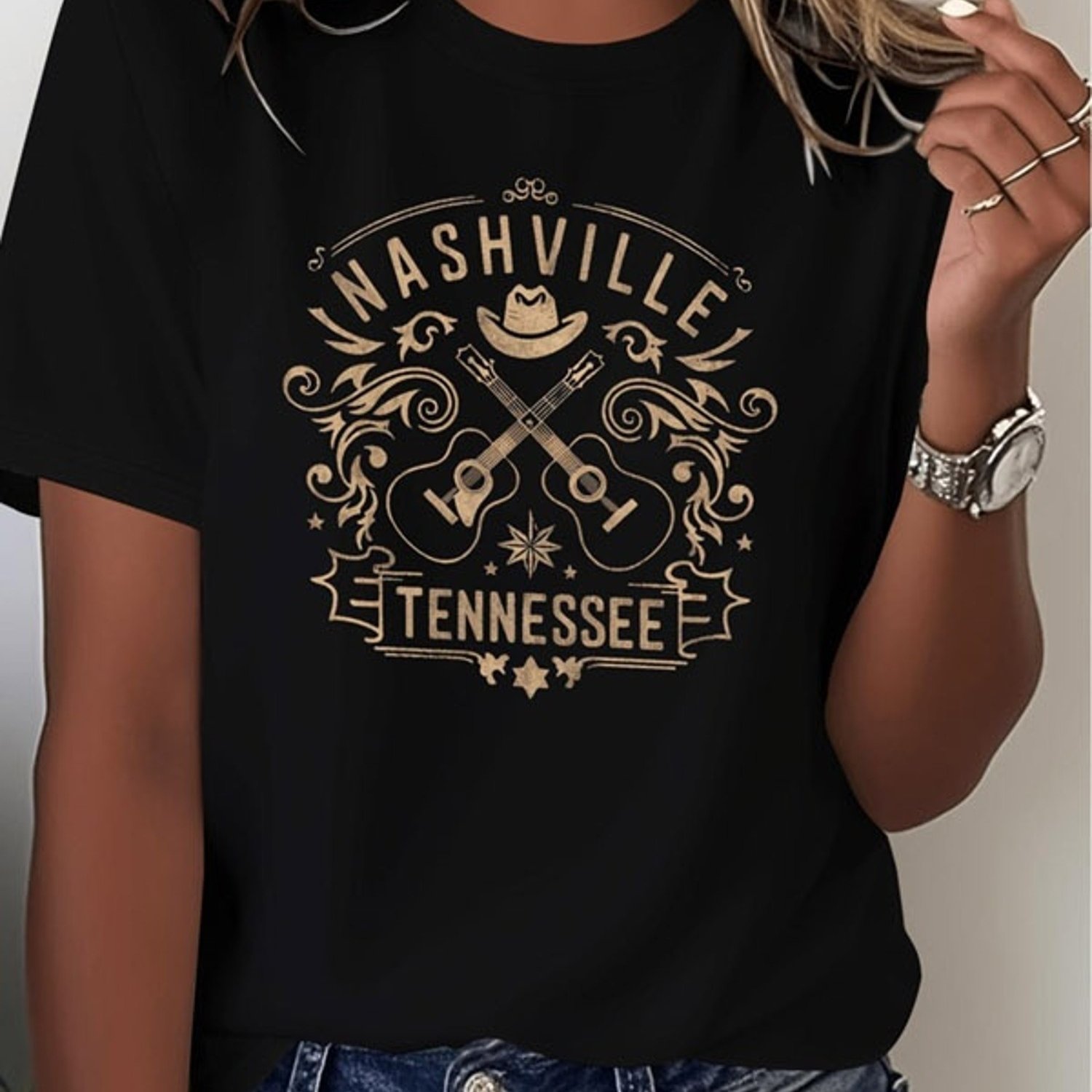 TEMU Women's Black Nashville Tennessee Graphic T-shirt, Guitars Cowboy Hat Vintage Beige Print, Polyester Short Sleeve Casual Top, Multiple