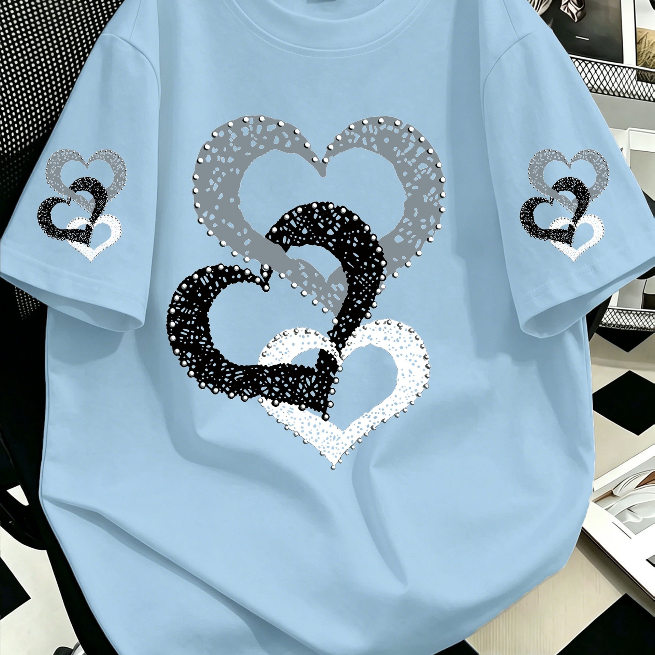 TEMU Plus Size Heart-shaped Print Round Neck Women's T-shirt, Summer