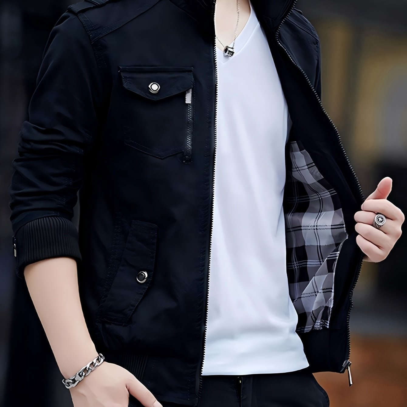 Men' Color Lining Cargo Jacket Autumn And Winter Multi- Stylish Long Sleeve Stand Collar Street Jacket Outdoor Coat Jacket