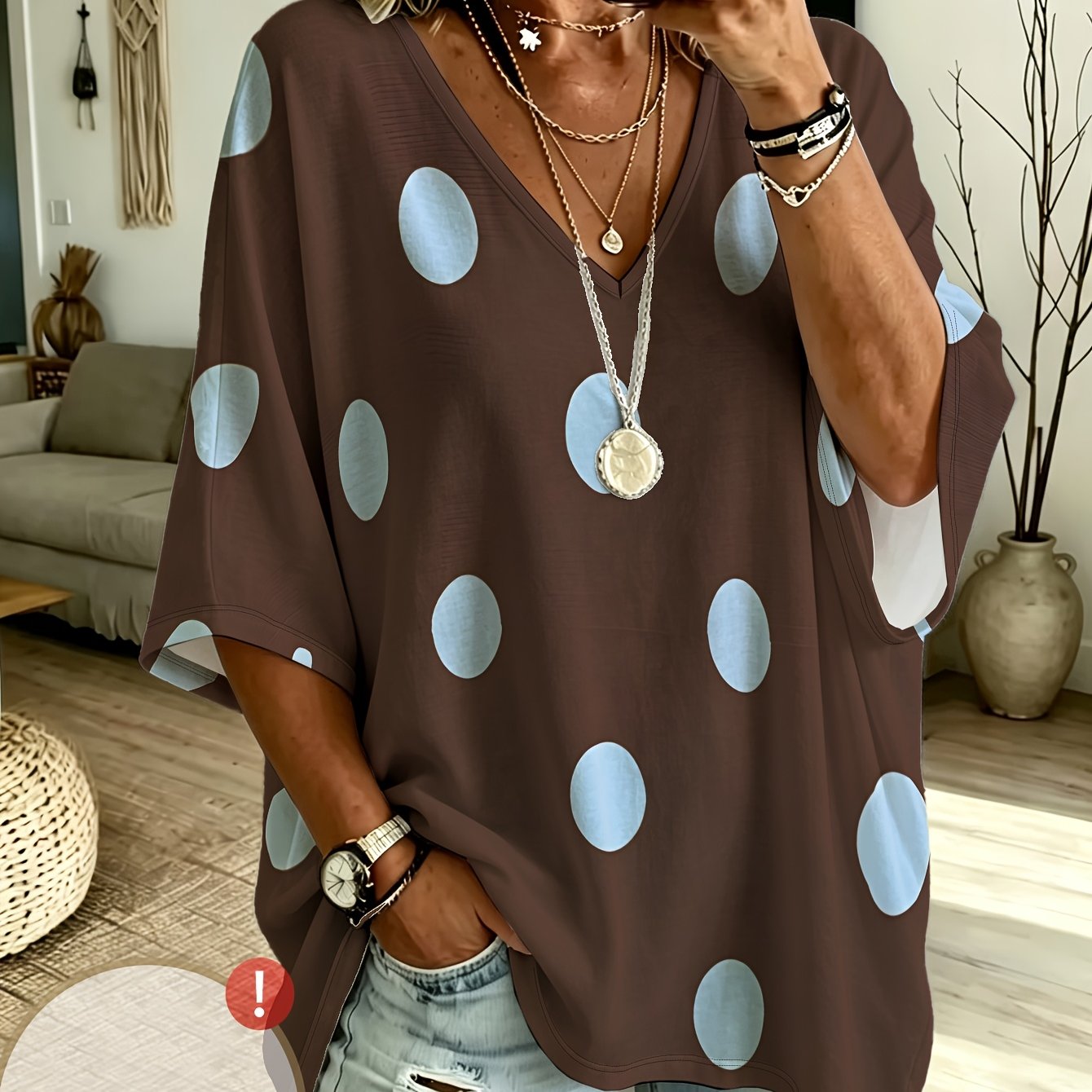 TEMU Plus Size, Fashionable, Casual, Comfortable, Women's, V-neck, Three-quarter Sleeve, Brown Base With Light Blue Large Polka Dot Print T-shirt