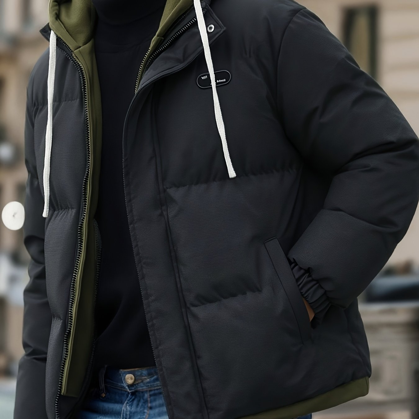 TEMU Veste matelassée à capuche pour homme, look 2-en-1 avec capuche de couleur contrastée, double fermeture éclair avec ourlet à cordon de serrage,