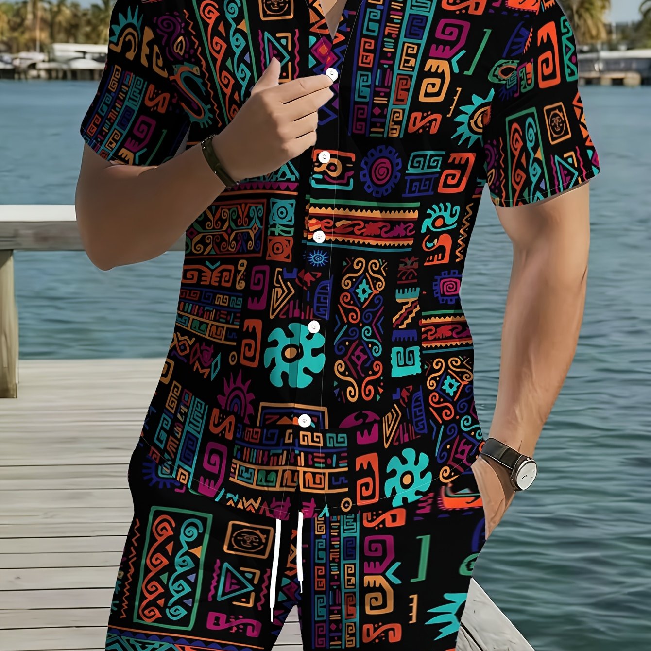 TEMU Men's Ethnic Print Shirt And Drawstring Waist Shorts (no T-shirt)