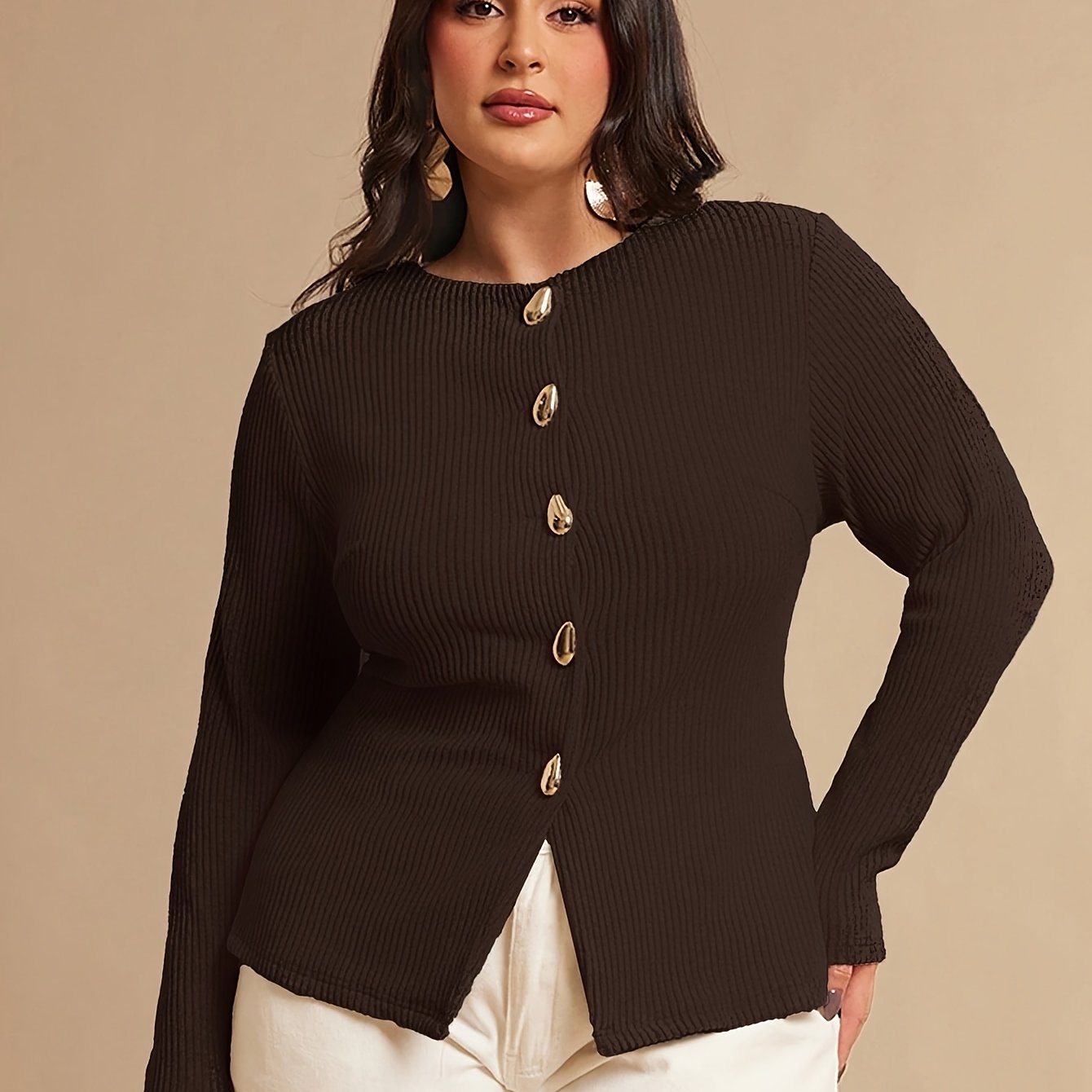 TEMU Plus Size - Autumn Winter Plus Size Women' Metallic Single Button Long Sleeve Casual Top, Base Layer Top, Temperament Waist-cinching, Solid