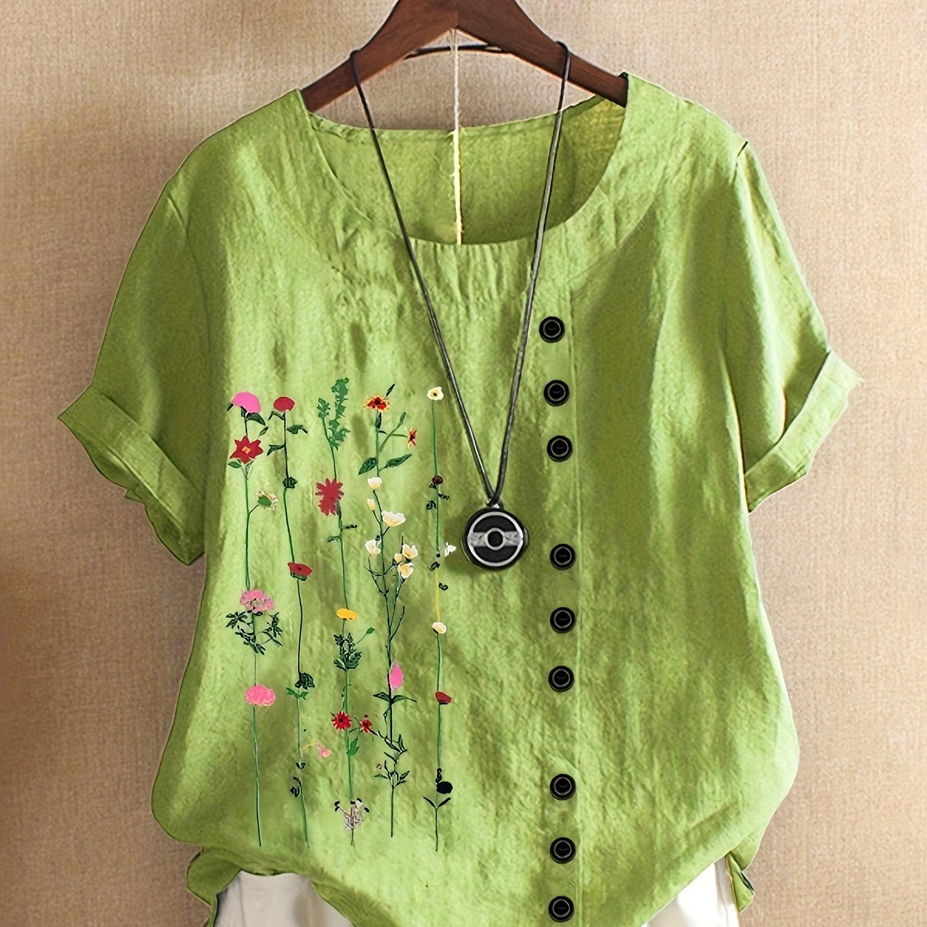 Image of Plus Size, A Large-size Fashionable And Versatile Women's Pullover Shirt With Faux Button Floral Print. Accessories Not Included. No Accessories
