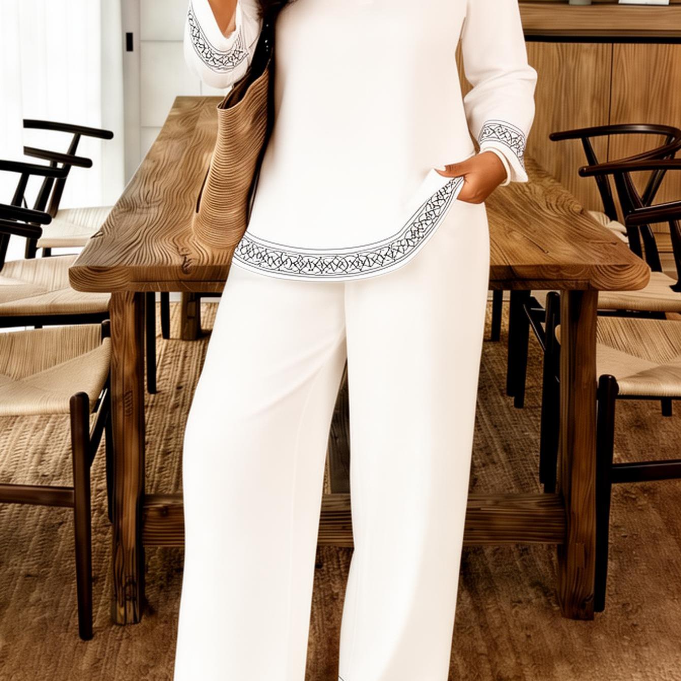 Image of Plus Size, Plus Size Women's 2pcs Set Boho Embroidered Long Sleeve Pants Set For Women Casual Comfortable Outfit White Plus Size Wear Suit For Spring/summer Outdoor Outfits, Gifts For Mother's Day