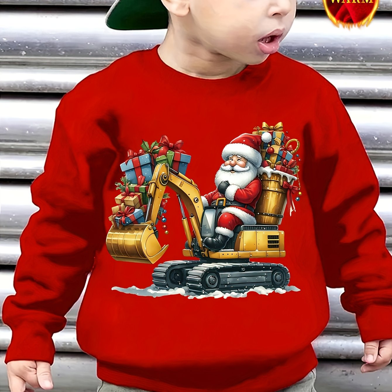 Christmas Boy Santa Claus And Excavator Gift Print Creative Trendy Comfortable -lined Thickened Long-sleeve Sweatshirt