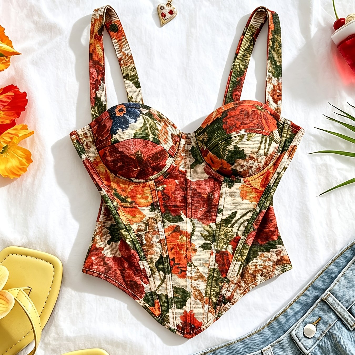 TEMU Vêtement élégant pour femme, un débardeur à imprimé floral avec fermeture éclair dans le dos et bretelles épaisses, et moulant, parfait pour les