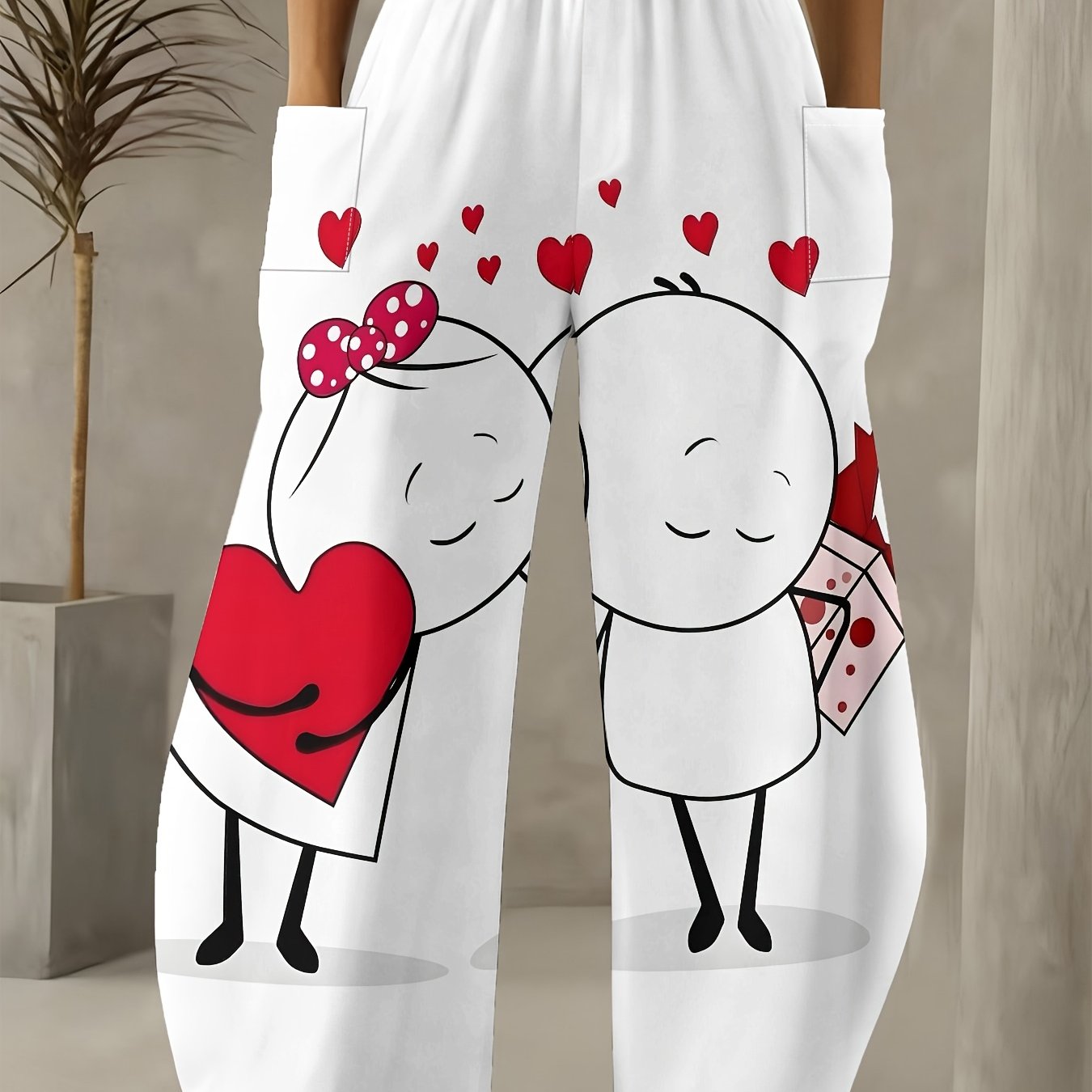 TEMU Cute Cartoon Couple And Hearts Print Wide Leg Pants Women's Romantic Casual Fashion Trousers