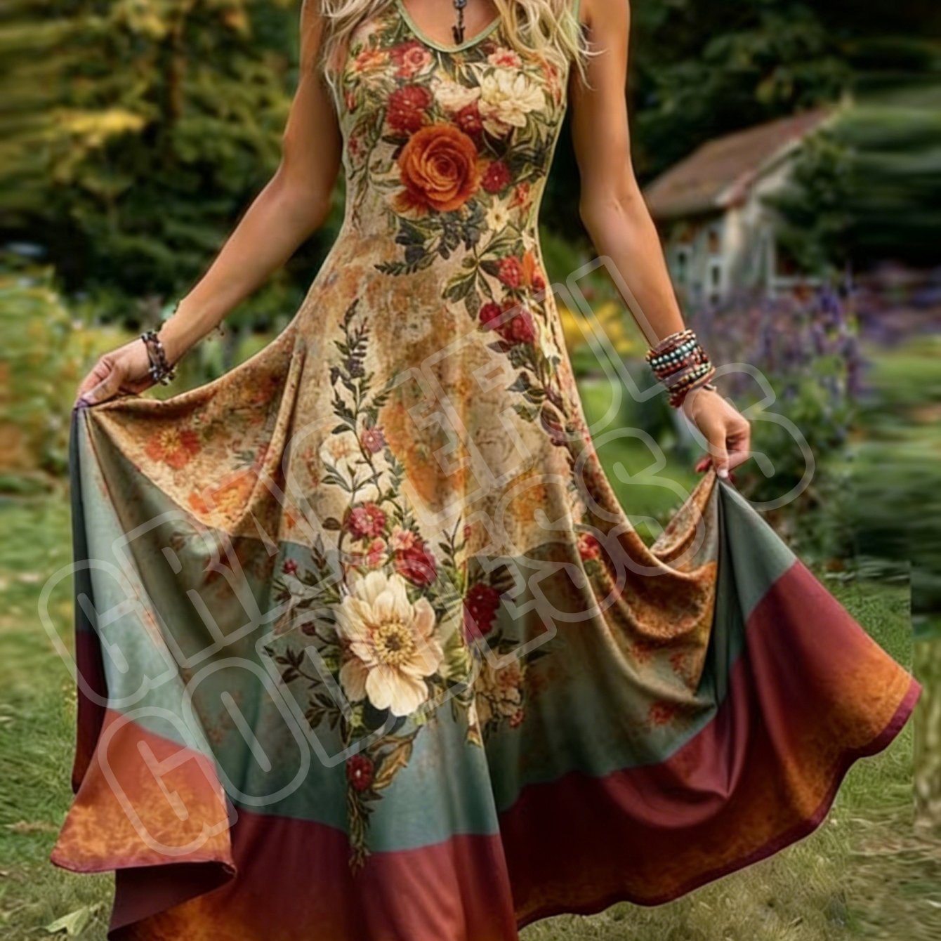 Image of Women's Retro Style Sleeveless Dress With Elegant Floral Print Design, Pastoral V-neck A-line Maxi Skirt. Machine Washable, Perfect For Daily Wear And Travel