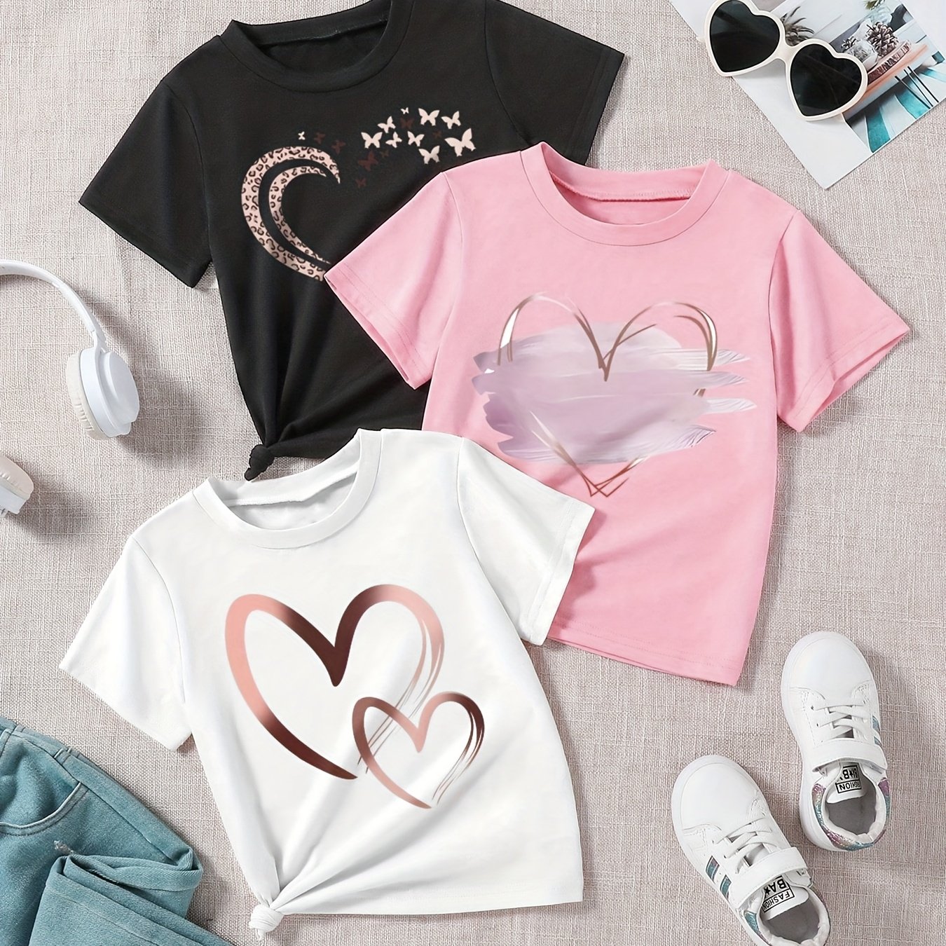 3pcs Set Of Heart Pattern Print Short Sleeve T-shirts, Suitable For Young Girls