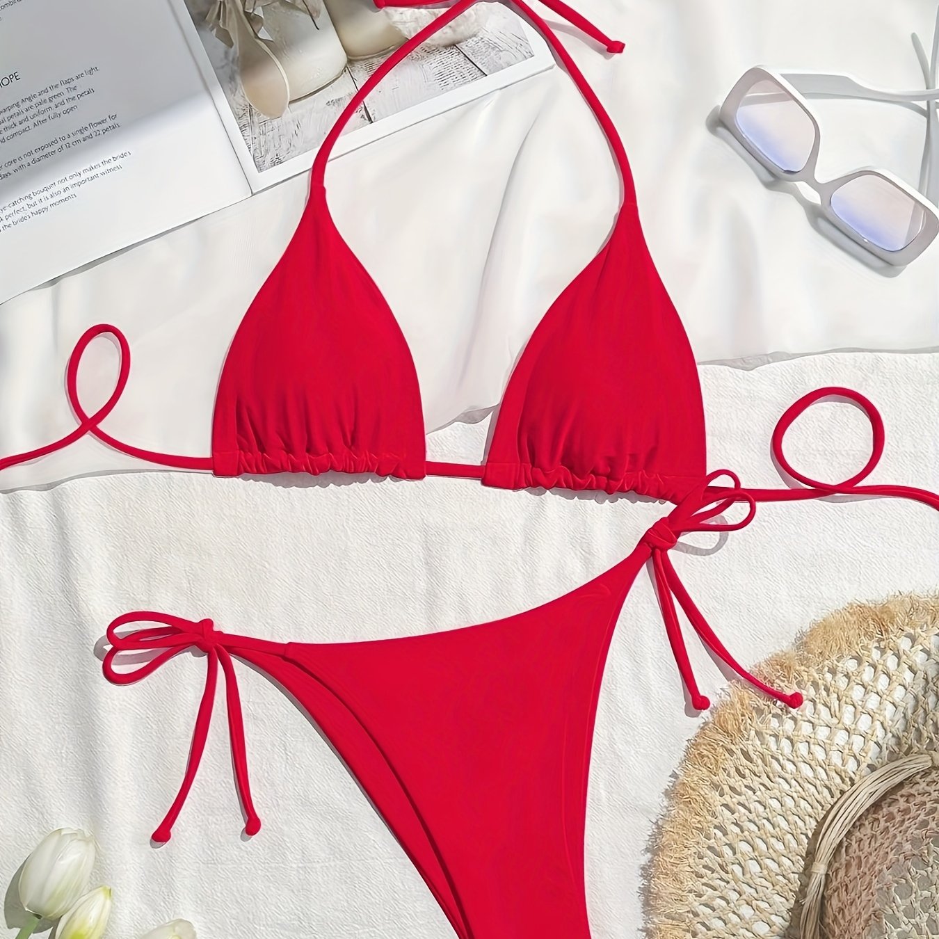TEMU Chic Solid Color Bikini Set For Women - Sexy Halter Neck, Tie-side High Cut Swimsuit With Matching Cover-up Skirt, Stretch Fabric, Machine Washable