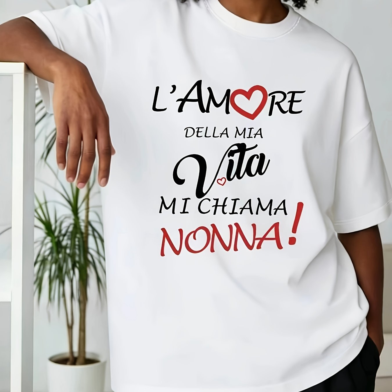TEMU Women's T-shirt, Italian "l'amore A Mia Vita Mi Nonna" My Life's Calls Me Grandma, Text Print, White Short Sleeve Round Neck Printed T-shirt, -