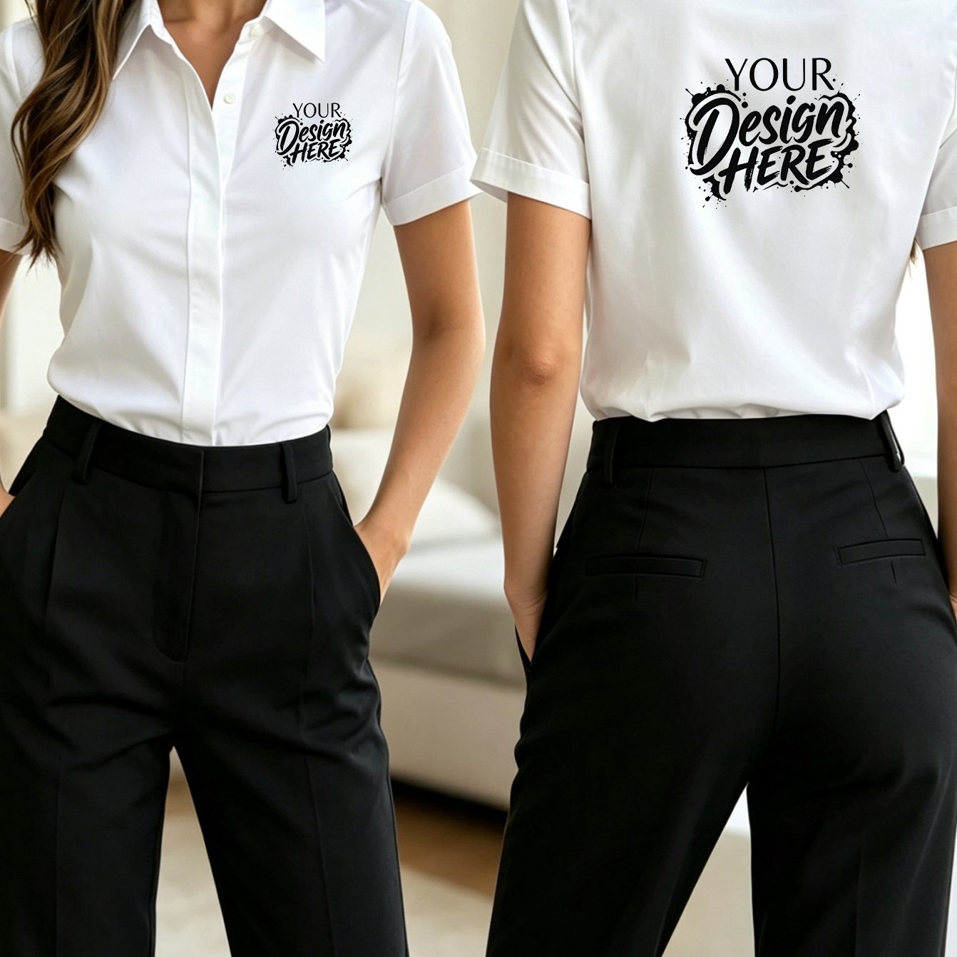 TEMU Camicia da lavoro da donna con maniche corte, personalizzabile con motivo frontale e posteriore, adatta per abbigliamento casual, riunioni di
