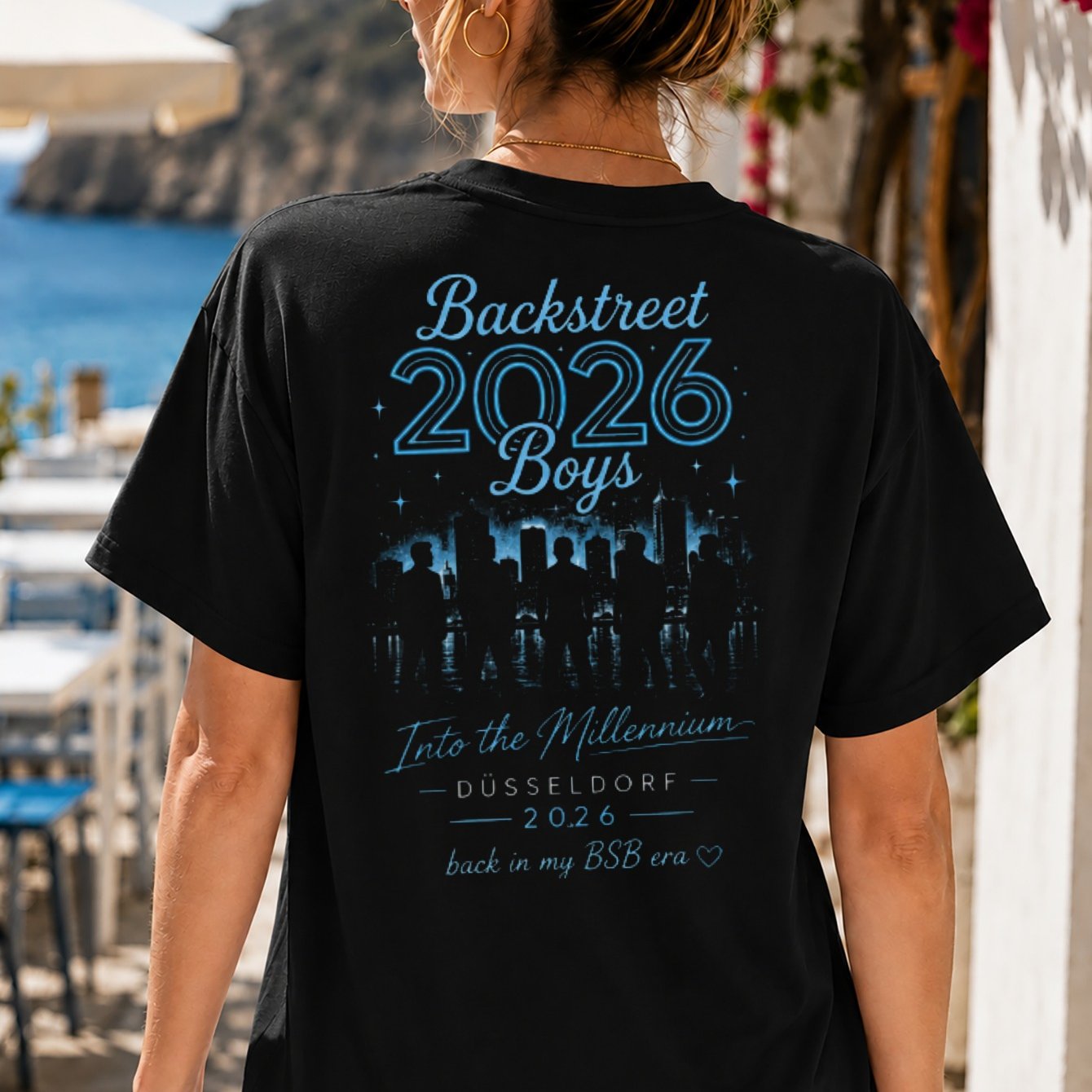 Image of Backstreet 2026 T-shirt Blue With Group 2026 Text And Nostalgic Pop Styling Women's T-shirt Back Print