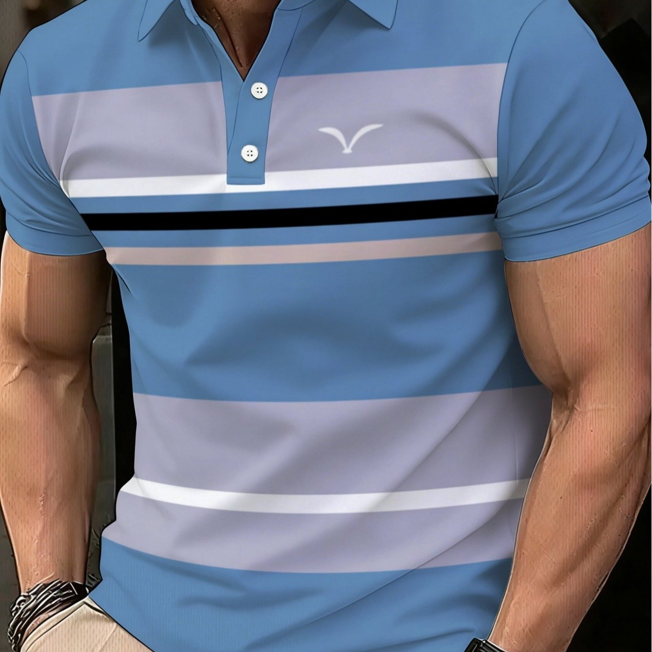 TEMU [printed Design - Not Textured] Men's Golf Shirt With Striped Pattern, Breathable And Durable, Suitable For Office, Restaurant, Or Wear In Light