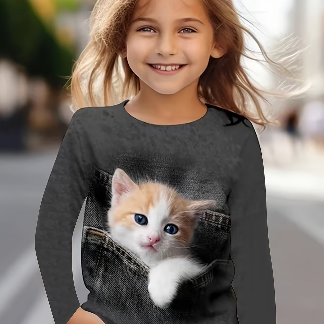 Girls' Cat Print Fashion Long-sleeve T-shirt