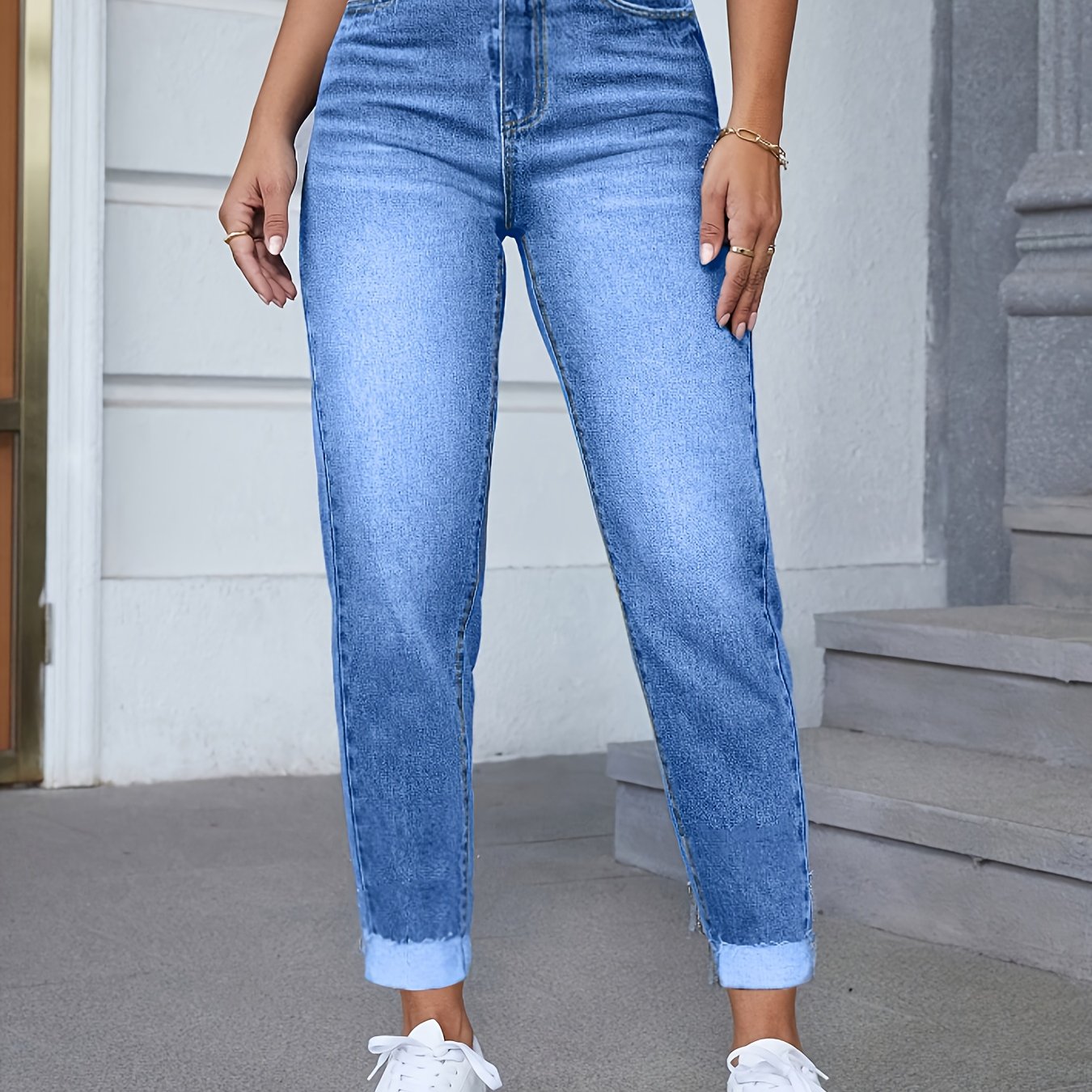 Fashionable Elastic Casual Women's Denim Pants With Pockets, Suitable For , Cropped Length