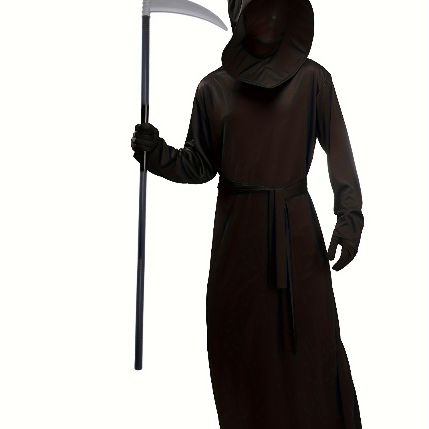 TEMU Adult Men's Halloween Party Wear, Solid Black Scary Grim Reaper Costume With Hooded Cloak, Gloves, Scythe Prop