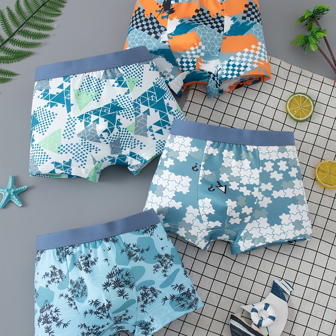 TEMU 4pcs Set Of Boys' Underwear, Summer Medium To Large Size Boys' Same Style Casual Underwear Geometric Pattern Style Boxer Shorts Young Boys 4-12