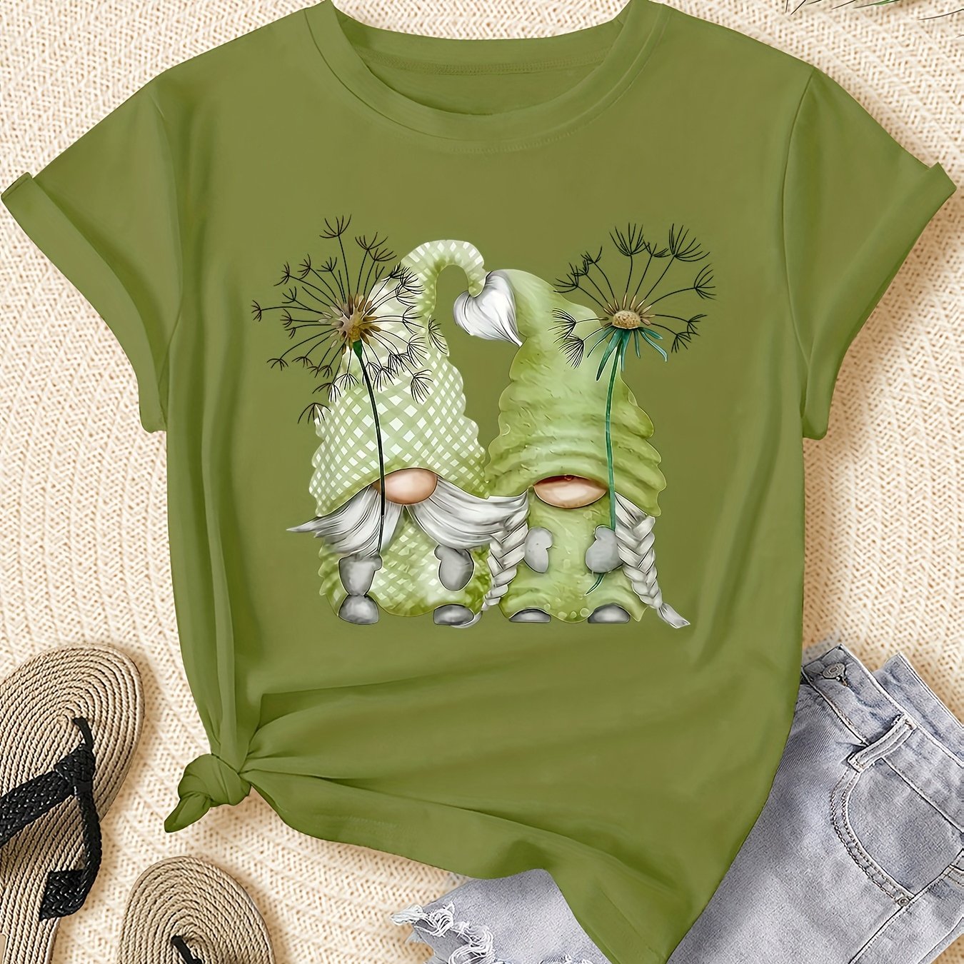 TEMU Plus Size Women's Dandelion Short Sleeve T-shirt Featuring A Cute Little Old For Man, Round Neck, Elegant , Cute Summer Apparel, Fashionable For