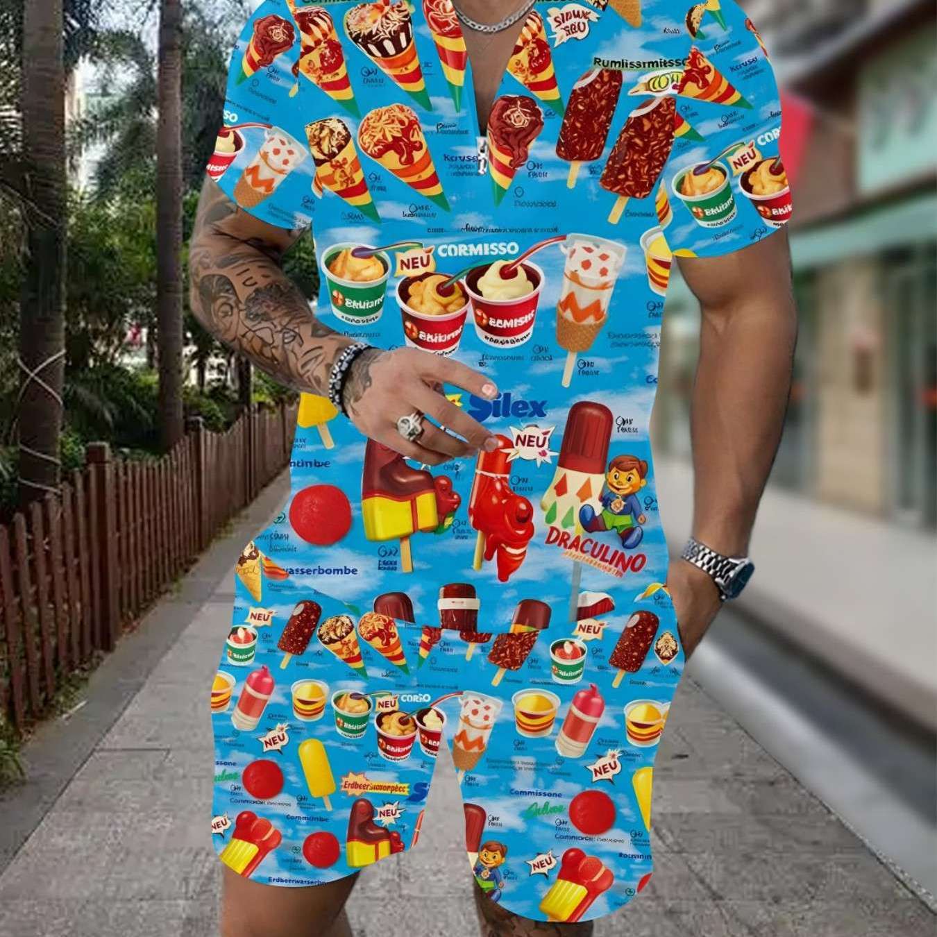 [printed Design - Not Textured] Men's Fashion Style Summer Outfit Set Retro Ice Cream Snack Graphic Short Sleeve Shirt Shorts 2 Piece Set For Adult Men Daily Wear Holiday Gift