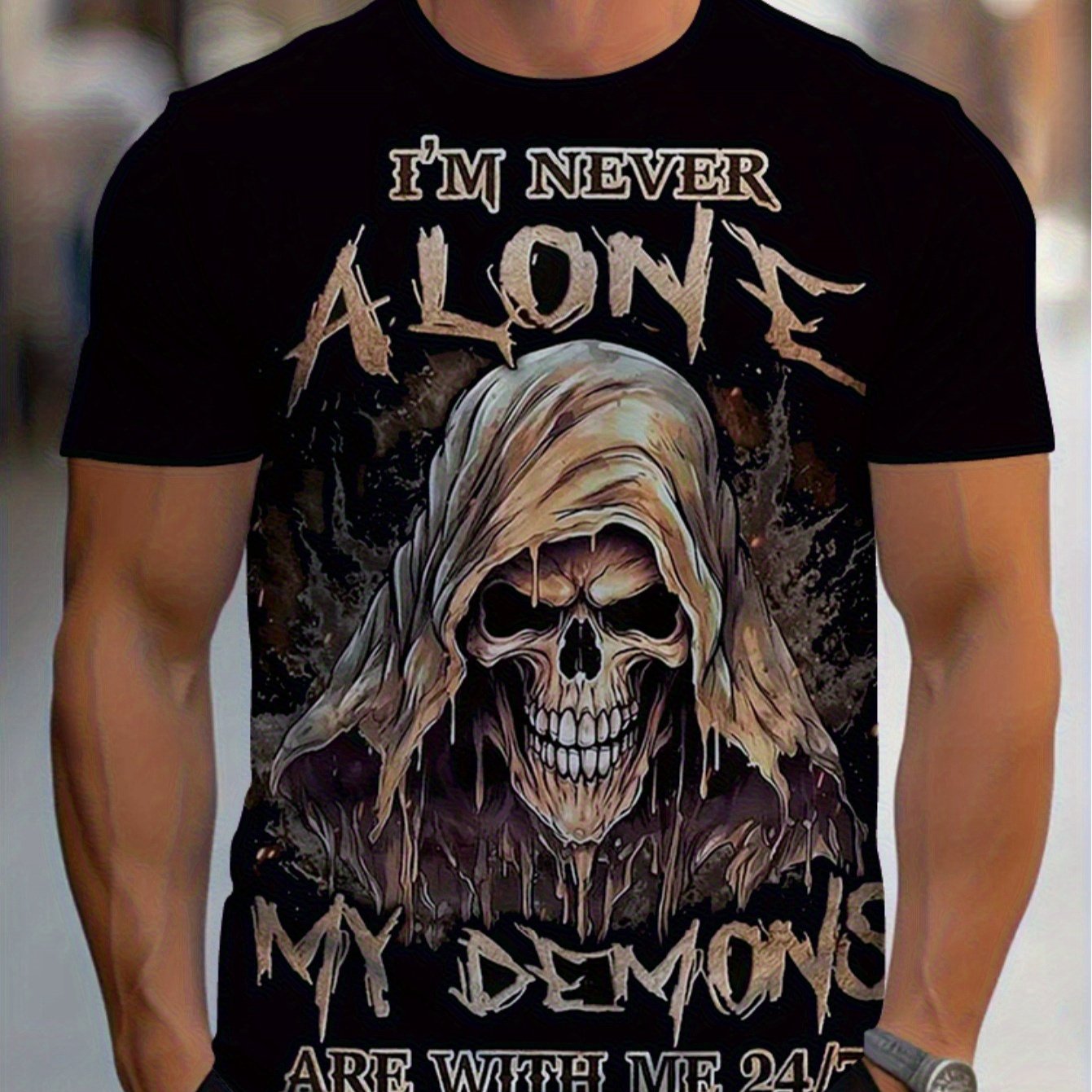 TEMU Men's Oversized Gothic T-shirt With Reaper & "" Slogan - Heavy-theme Gothic Tee Suitable For Concerts, Festivals & Casual Attire - Machine