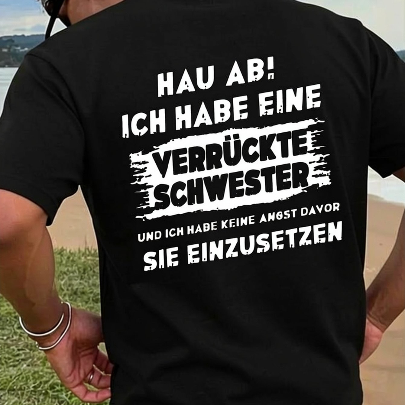 Image of Men's Graphic Tee Featuring 'crazy Sister' In White Letters, Designed In Black With A Casual Round Neck Made From 100%, This Breathable And Comfortable Short-sleeve Shirt Is Perfect For Str