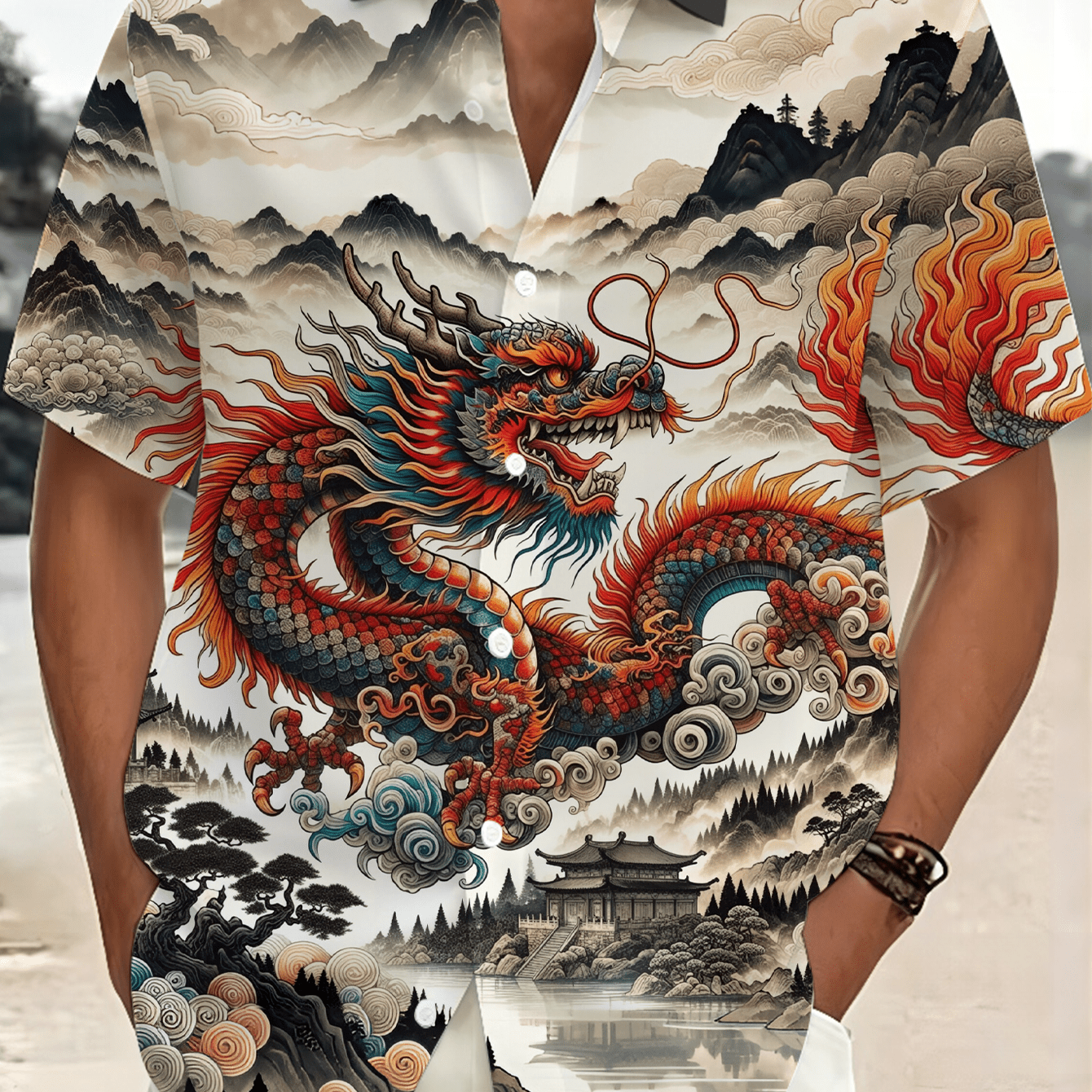 TEMU [plus Size Men's] Casual Short Sleeve Shirt, Dragon Element Pattern Print, Beach Casual Vacation, Suitable For Summer Street Daily Wear,