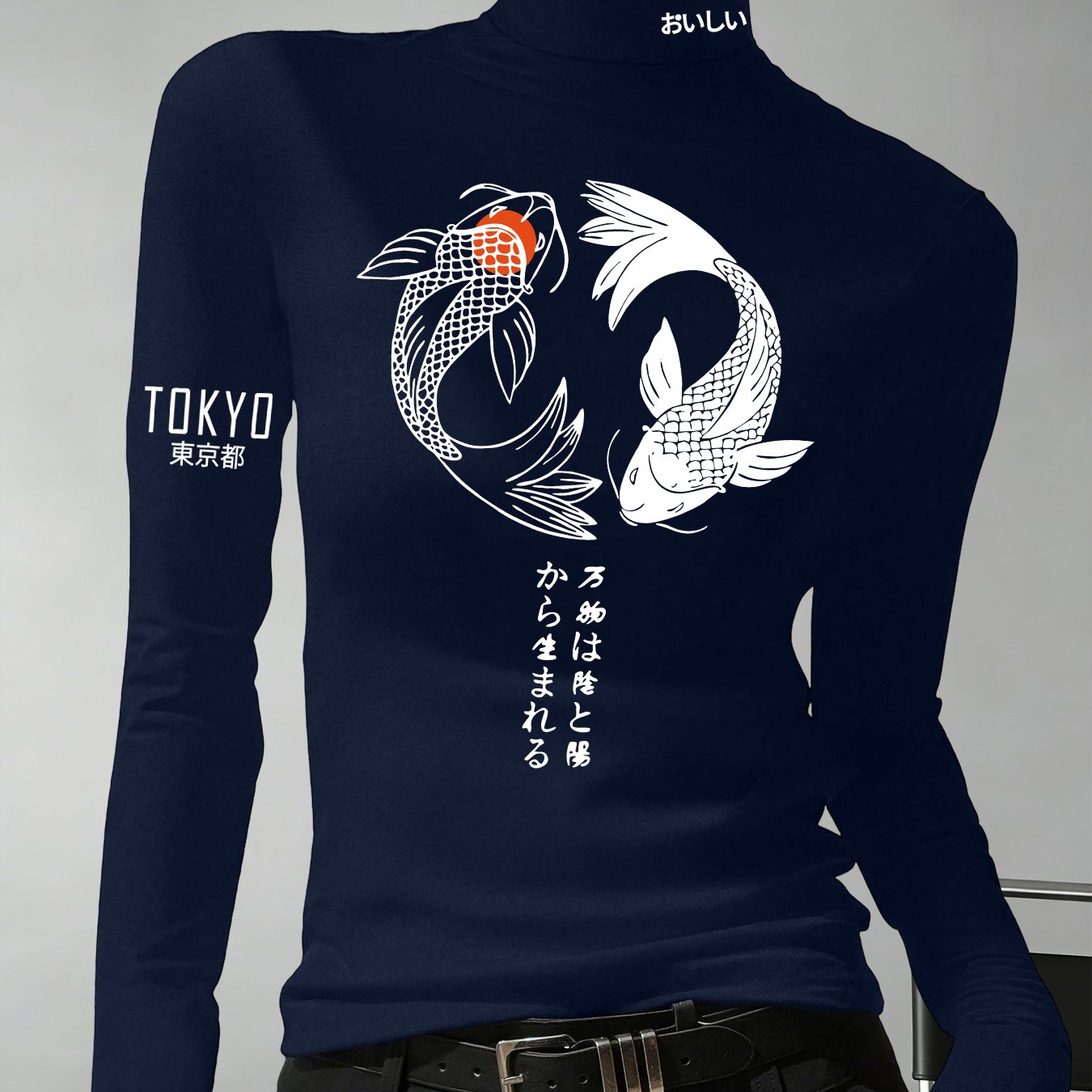 TEMU Y2k Koi Fish Print High Neck Base Layer Top For Women, Japanese-style Good Luck Inner Wear