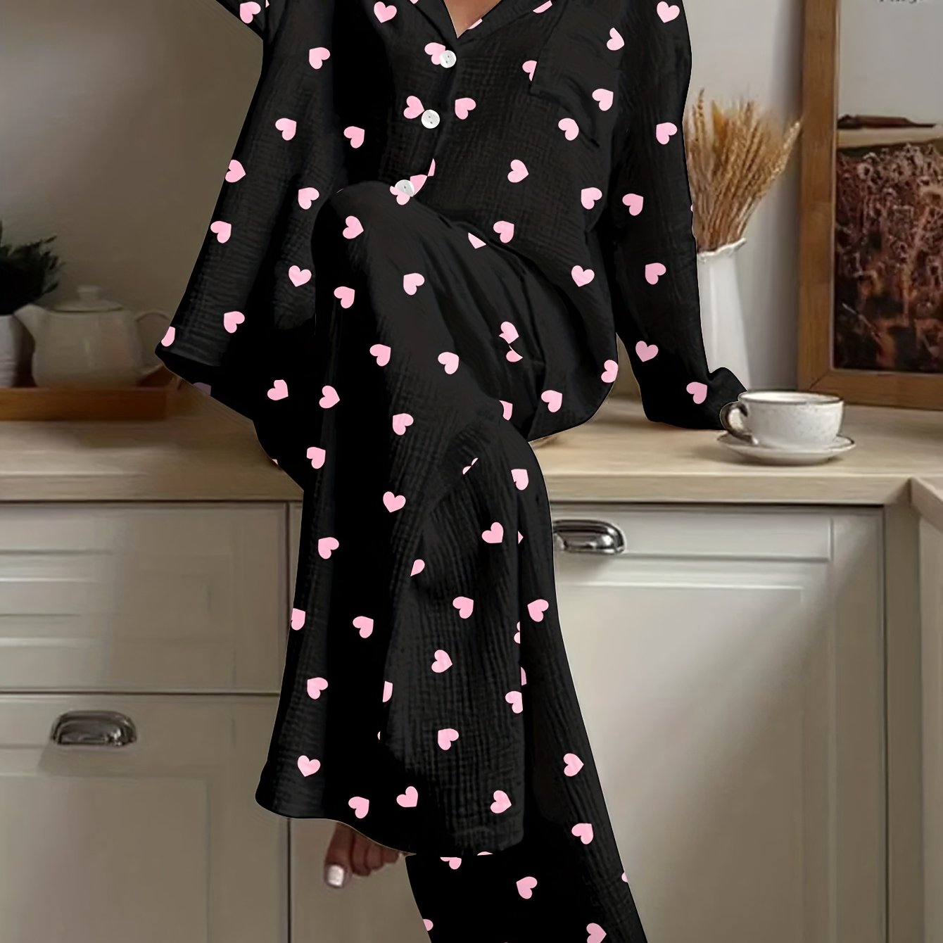 Women's Pajama Set Print Long Sleeve Button-up Shirt And Long Pants