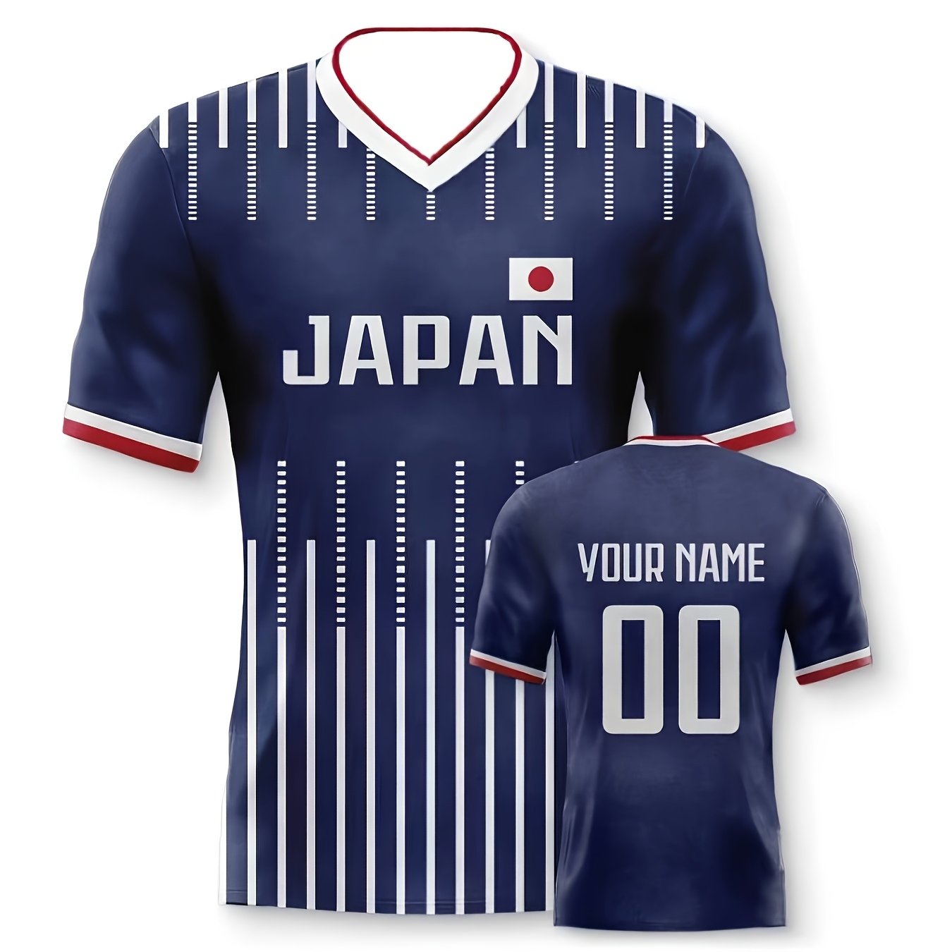 TEMU Custom Men's V-neck Jersey With Personalized Name/team Name/logo + Number, Printed Design - No Texture, Custom Japan Flag Pattern Printed Soccer