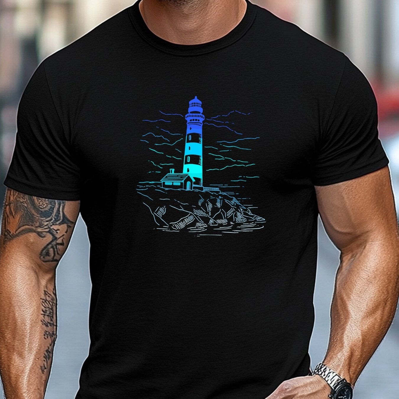 Plus Size Men's T-shirt, Easy And Stylish, Comfortable And Versatile, Men's Blue And White Striped Lighthouse Pattern Summer Casual Crew Neck Short-sleeve T-shirt