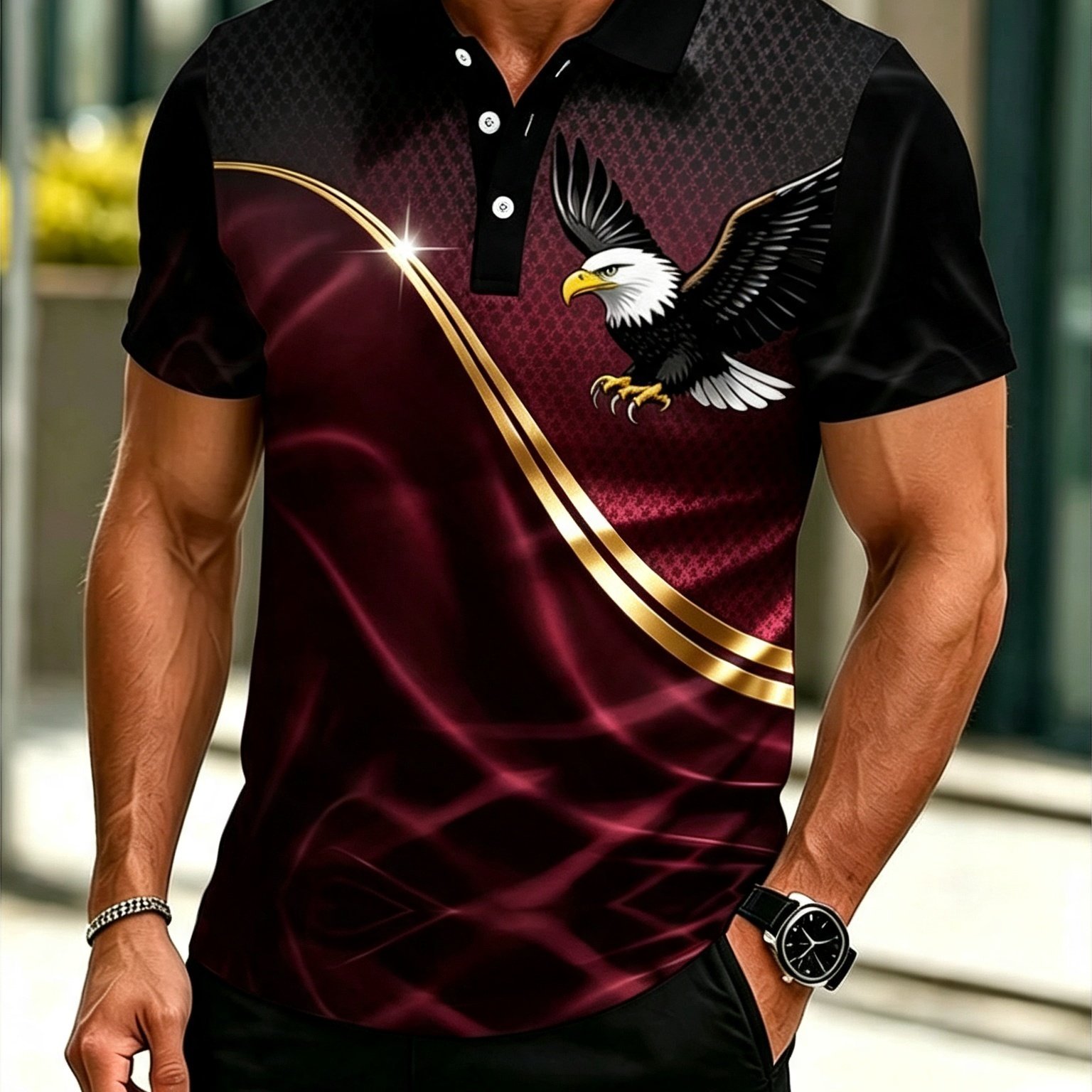 TEMU [printed Design-not Textured] Western Style Men's Lapel Eagle Pattern Gradient Color-block Casual Short Sleeve Top