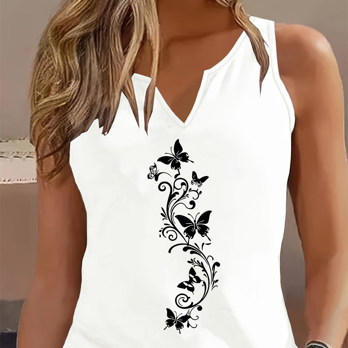 TEMU Débardeur tendance pour femmes avec un imprimé col en V, parfait pour un look printanier et et polyvalent