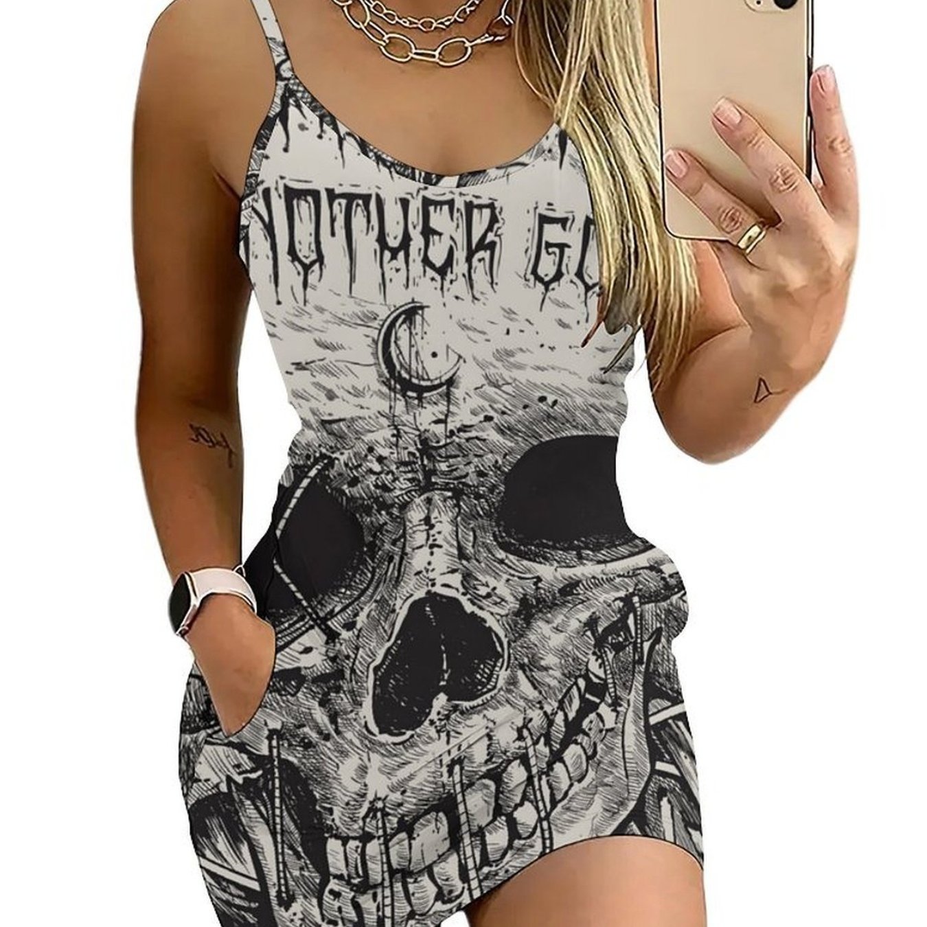 Image of Women's Casual Sports Spaghetti Strap Round Neck Bodycon Dress With Pockets, Featuring Geometric Print. Perfect For Daily Wear, , Parties, And Casual Athletic Settings