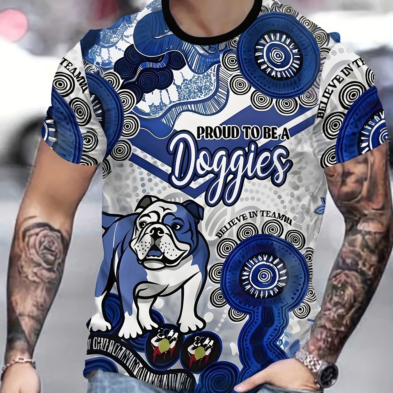 TEMU Men's Novelty T-shirt - Proud Boston Terrier Pattern, Blue And White Casual Short Sleeve Top, Machine Washable, Durable Fabric, Vibrant Animal
