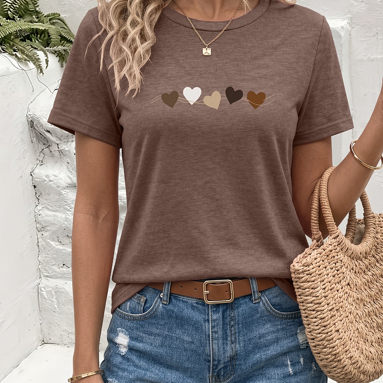 TEMU Gradient Heart String Pattern Print Round Neck T-shirt, Soft And Comfortable, Summer Round Neck Fashion Tee, Casual