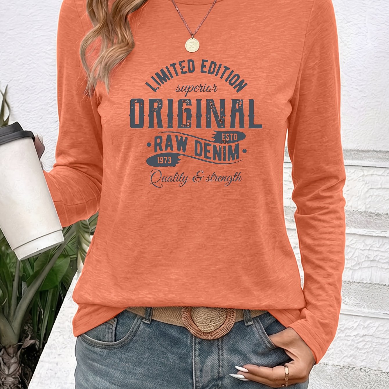 TEMU Women's Round Neck Casual Long Sleeve, Original1973 Distressed Denim Style Multi-font English Print, -friendly Breathable Sweat-wicking Fabric,