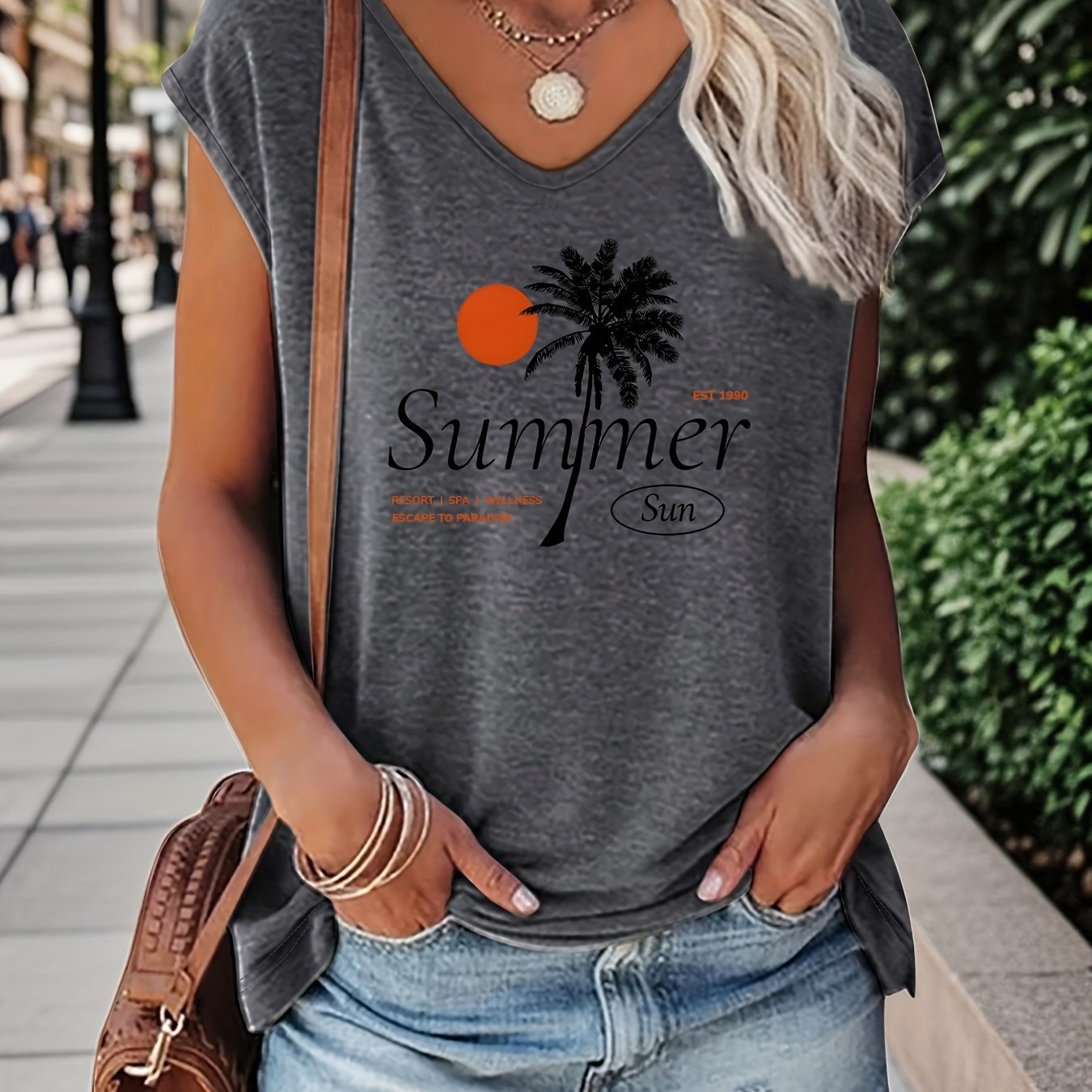 TEMU Plus Size, Plus Size Letter Print T-shirt, Short Sleeve V Neck Casual Top For Summer & Spring, Women's Plus Size Clothing