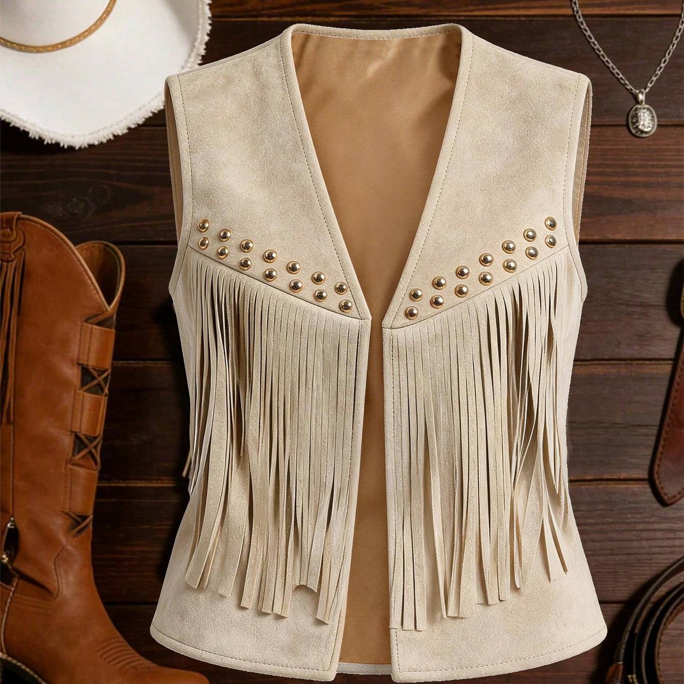 TEMU Women's Western Fringe Vest, Golden Studded Sleeveless Open Front Cowgirl Waistcoat