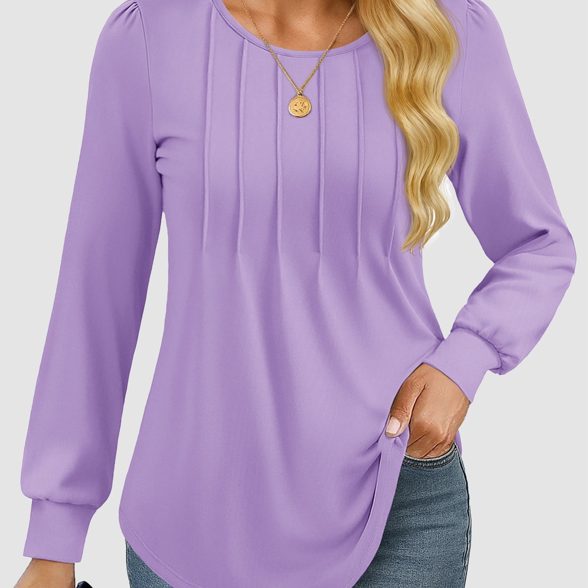 Women's Crew Neck Long Sleeve Shirt Pleated Dressy Blouse Casual Tunic Top Soft Stretchy Office Clothes Fall Spring Elegant Blouse