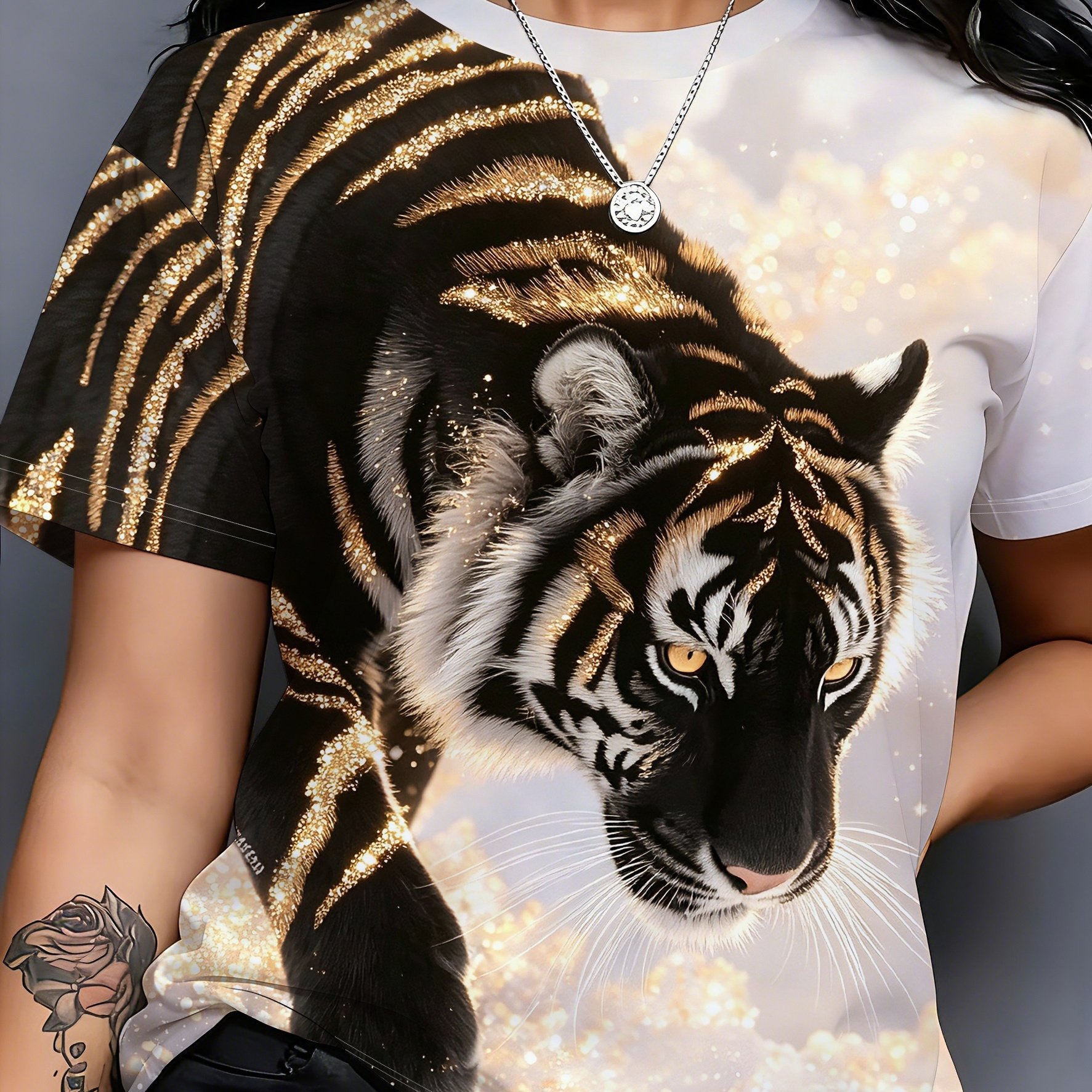 TEMU Women's Summer Luxury Golden Glitter Tiger Print Short Sleeve T-shirt, Individual Trendy Cool Animal Pattern Round Neck Top, Comfortable