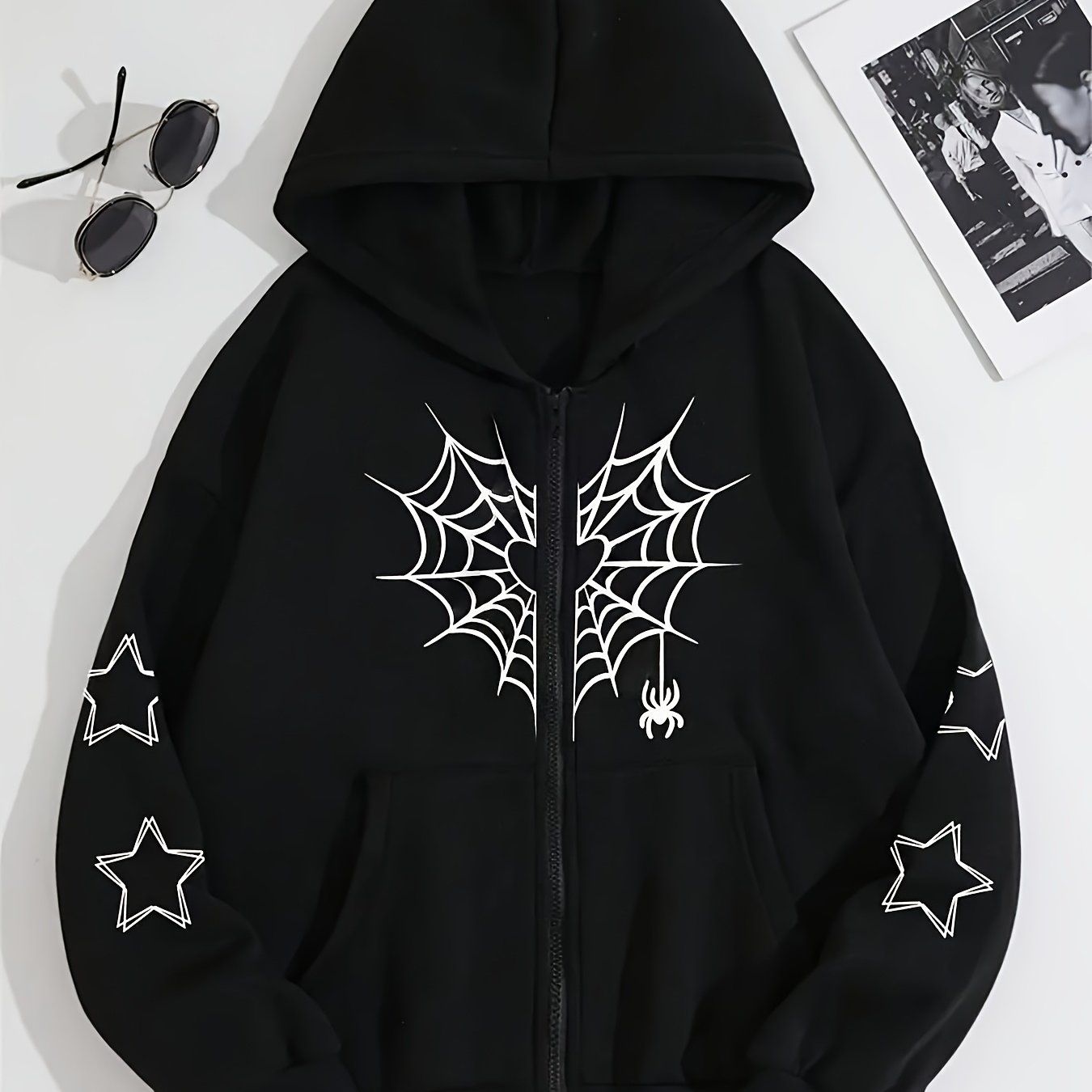 TEMU Creative Spider Web Spider Pattern Kangaroo Pocket Hoodie Fashion Pullover Sweatshirt, Comfortable Autumn Winter Loose Fit Casual Daily Wear