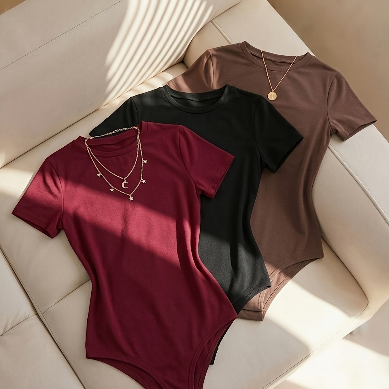 TEMU Women's 3pcs Set Autumn/winter Fashionable Sexy European/ Solid Color Round Neck Short Sleeve Bodysuit 3pcs Set Ytd