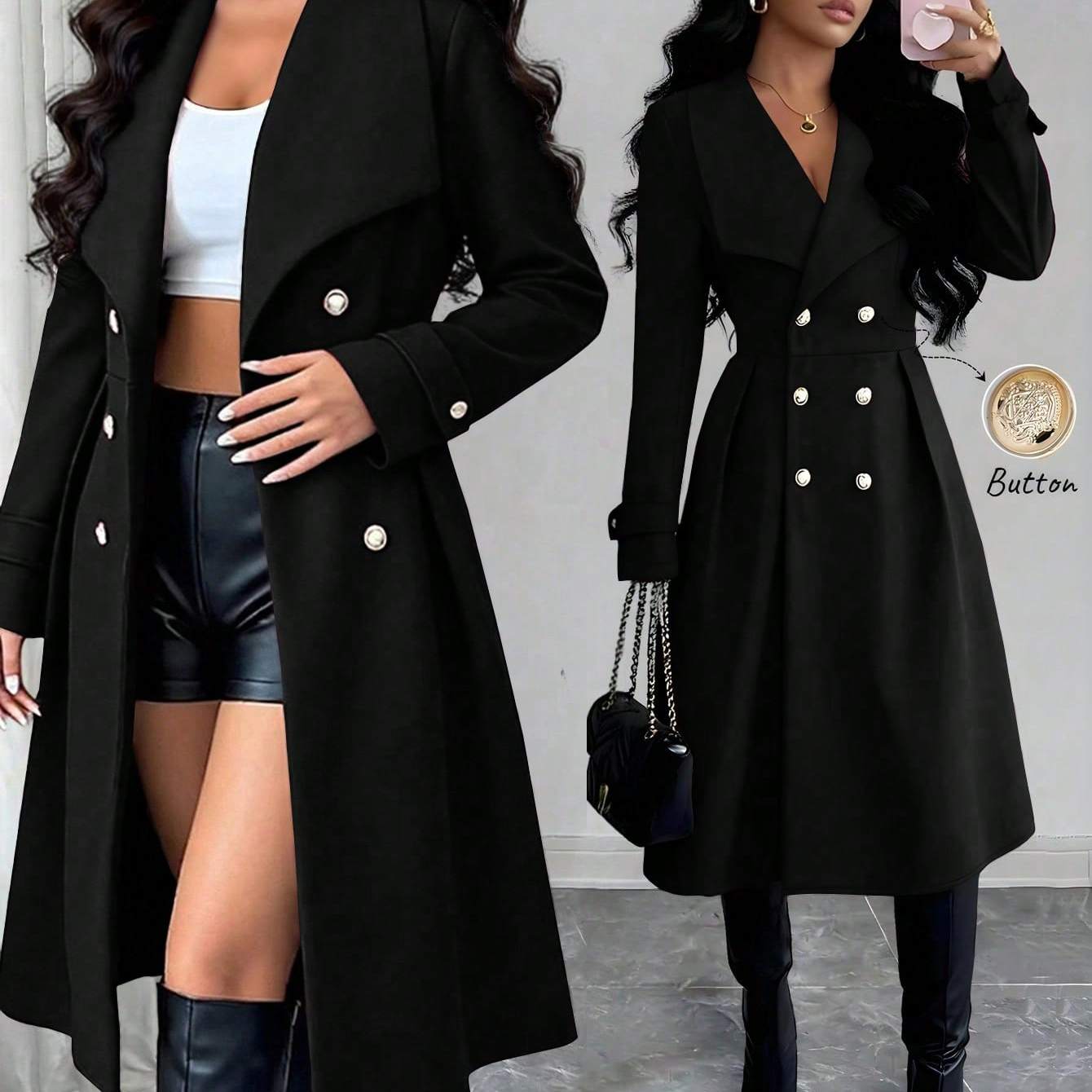 TEMU Women's Elegant Double-breasted Long Overcoat, Slim-fit Suit Lapel Winter Z237