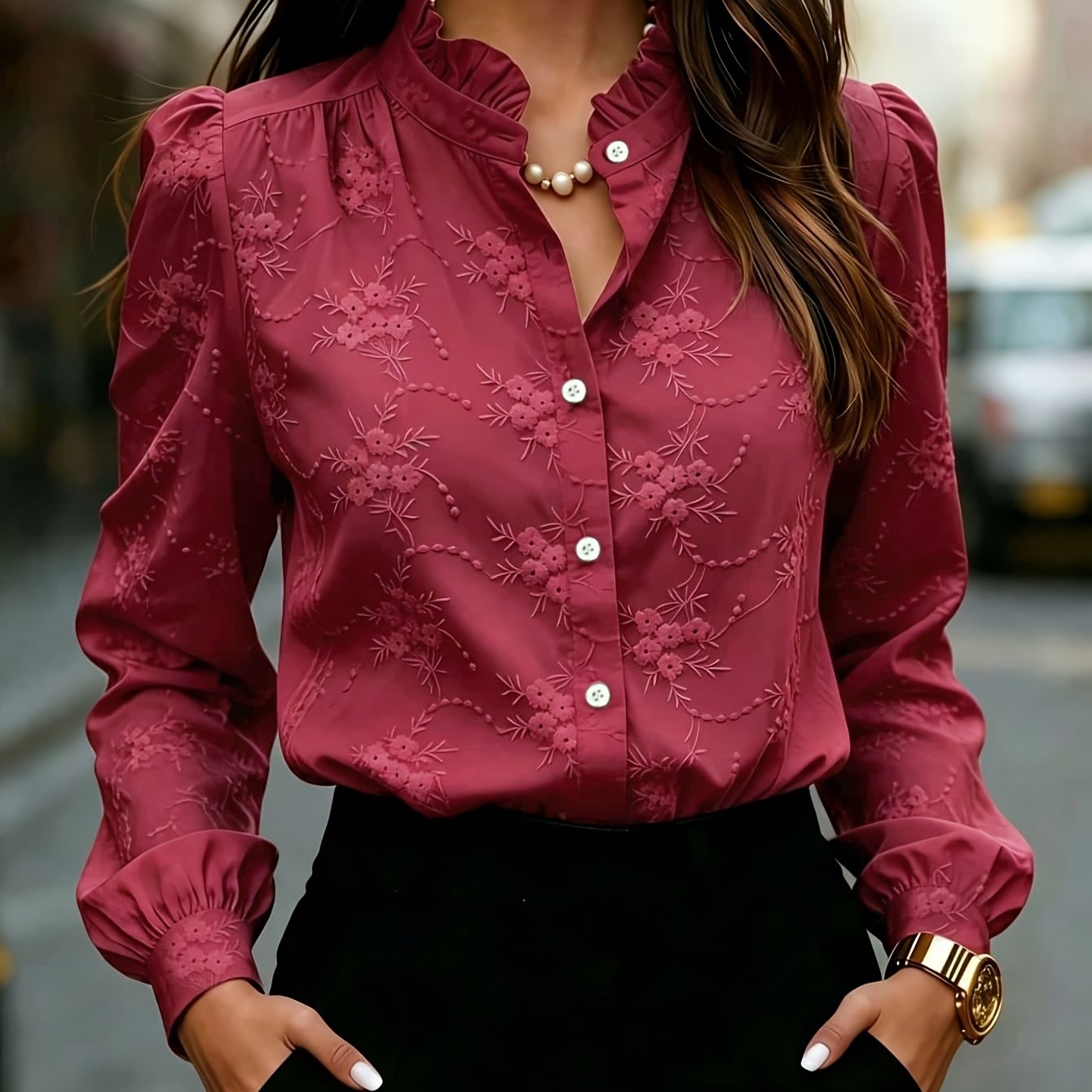TEMU Women' Color Long-sleeve Shirt With Floral Print, Lapel Collar Casual , Suitable For Office, Work, Home, And Daily Wear, Appropriate For :