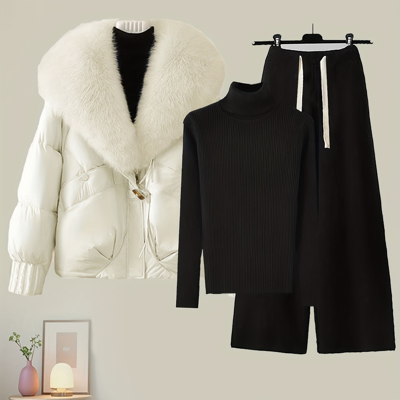 TEMU Ensemble 3 pièces pour femme : 1 pièce matelassée d'hiver avec capuche et grand col ; 1 pull couche de base ; 1 pantalon à jambes larges. Tenue