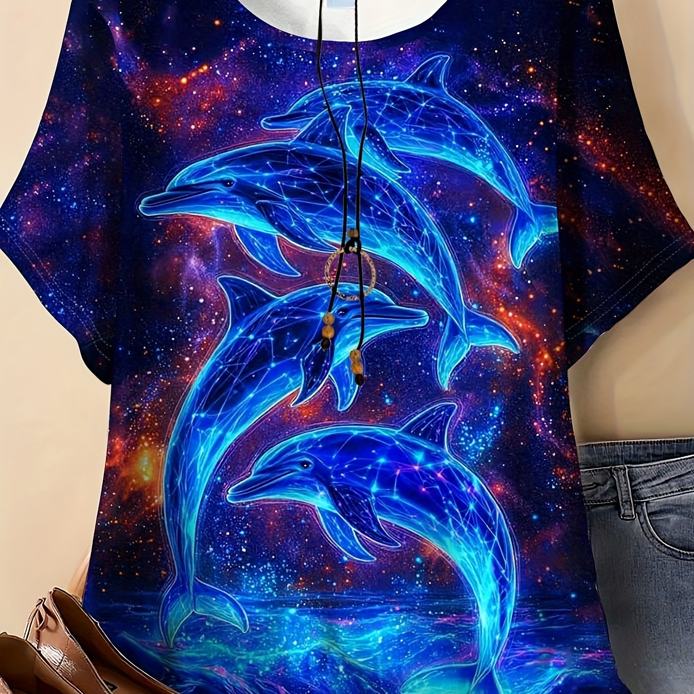 TEMU Plus Size - Plus Size - Plus-size Women's Clothing, Blue Starry Ocean With - Printed T-shirt - Fun And Fashionable, That Easily , Making It A