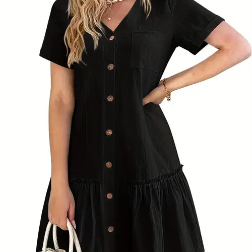 womens casual short sleeve button dress with ruffle hem lightweight 300gsm v neck tunic shirt dress machine washable summer dress for beach casual wear summer casual dress ruffle hem dress breathable fabric short summer dresses